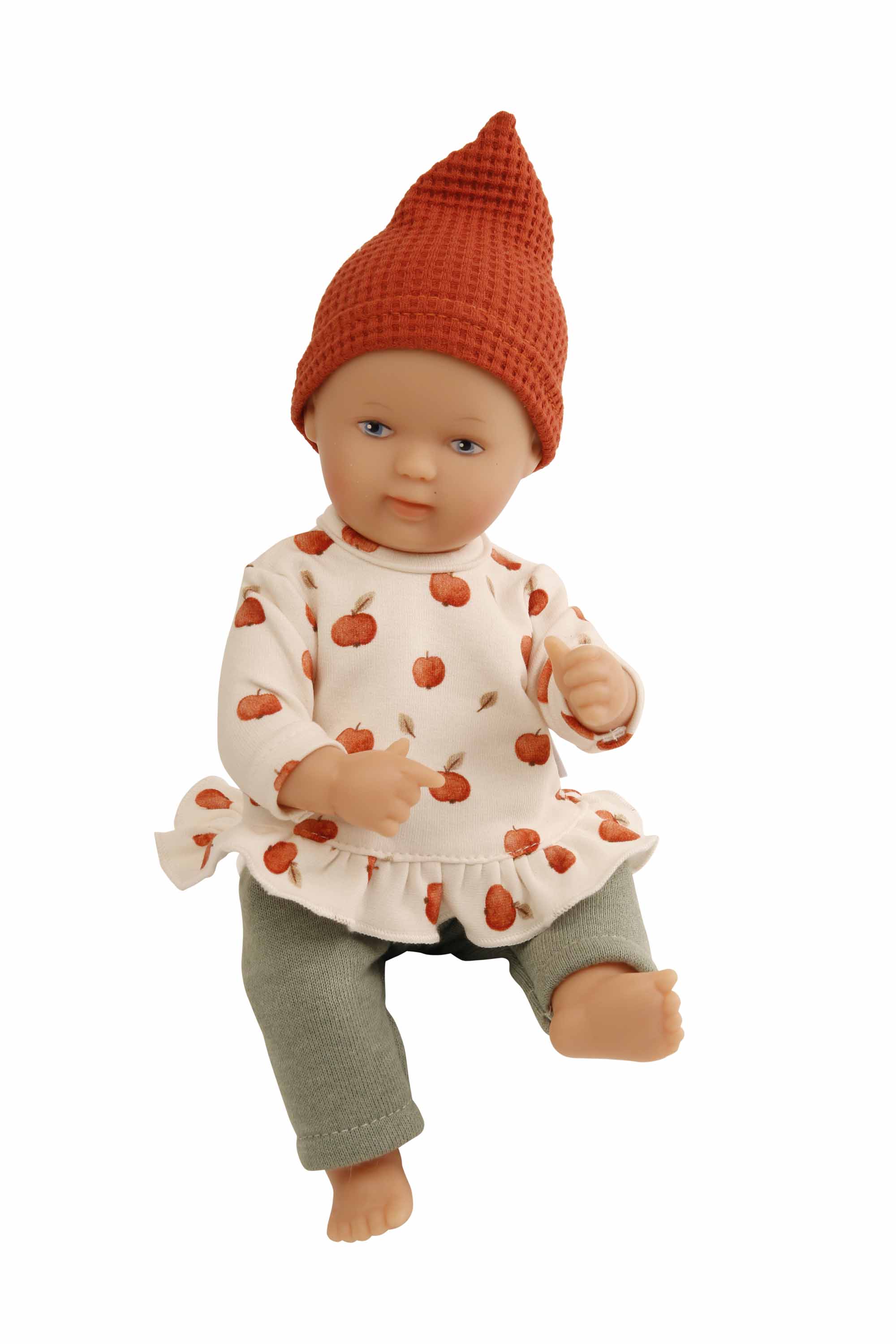Puppe Mein 1. Baby  28 cm mit Malhaar und blauen Malaugen, Wichtelkleidung mit Apfeldruck