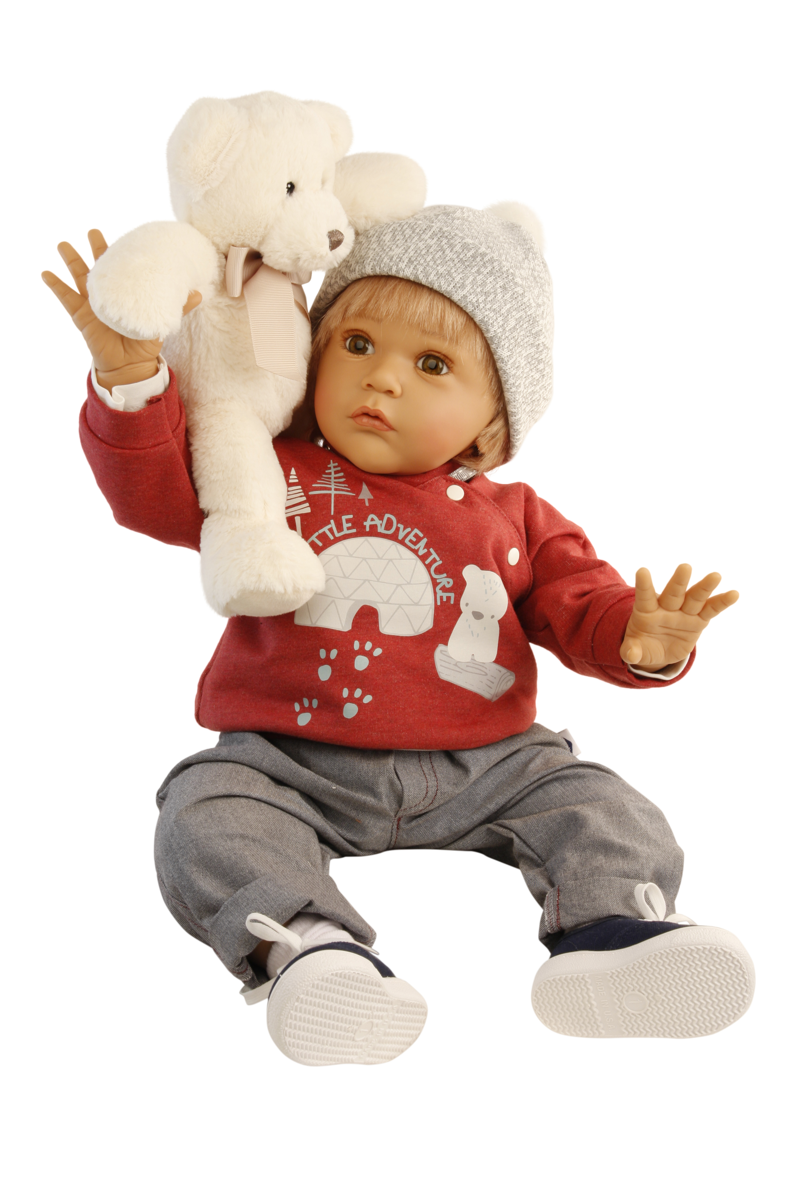 Puppe Aaron 60 cm von Gudrun Legler, blonde Haare, Kleidung winterlich