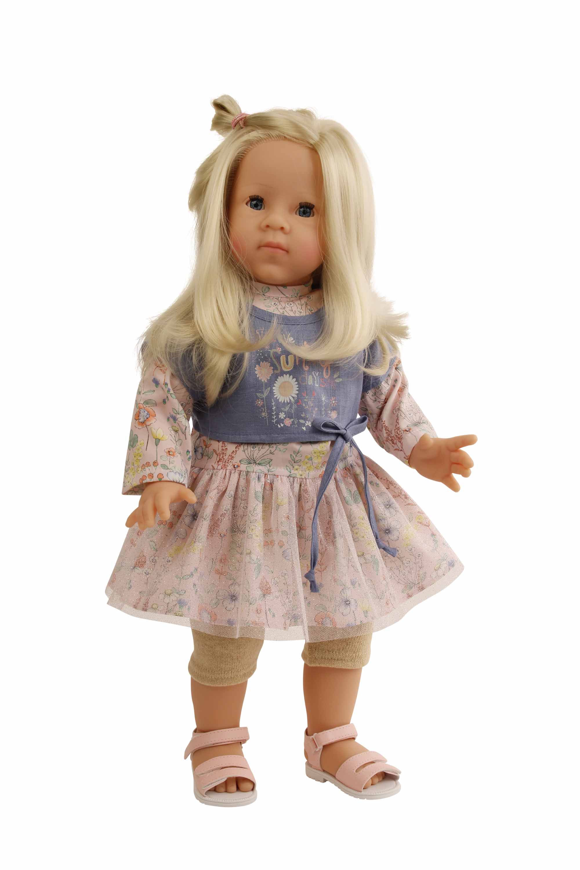 Stehpuppe Elli  52 cm blonde Haare, blaue Schlafaugen, Blumenkleidung