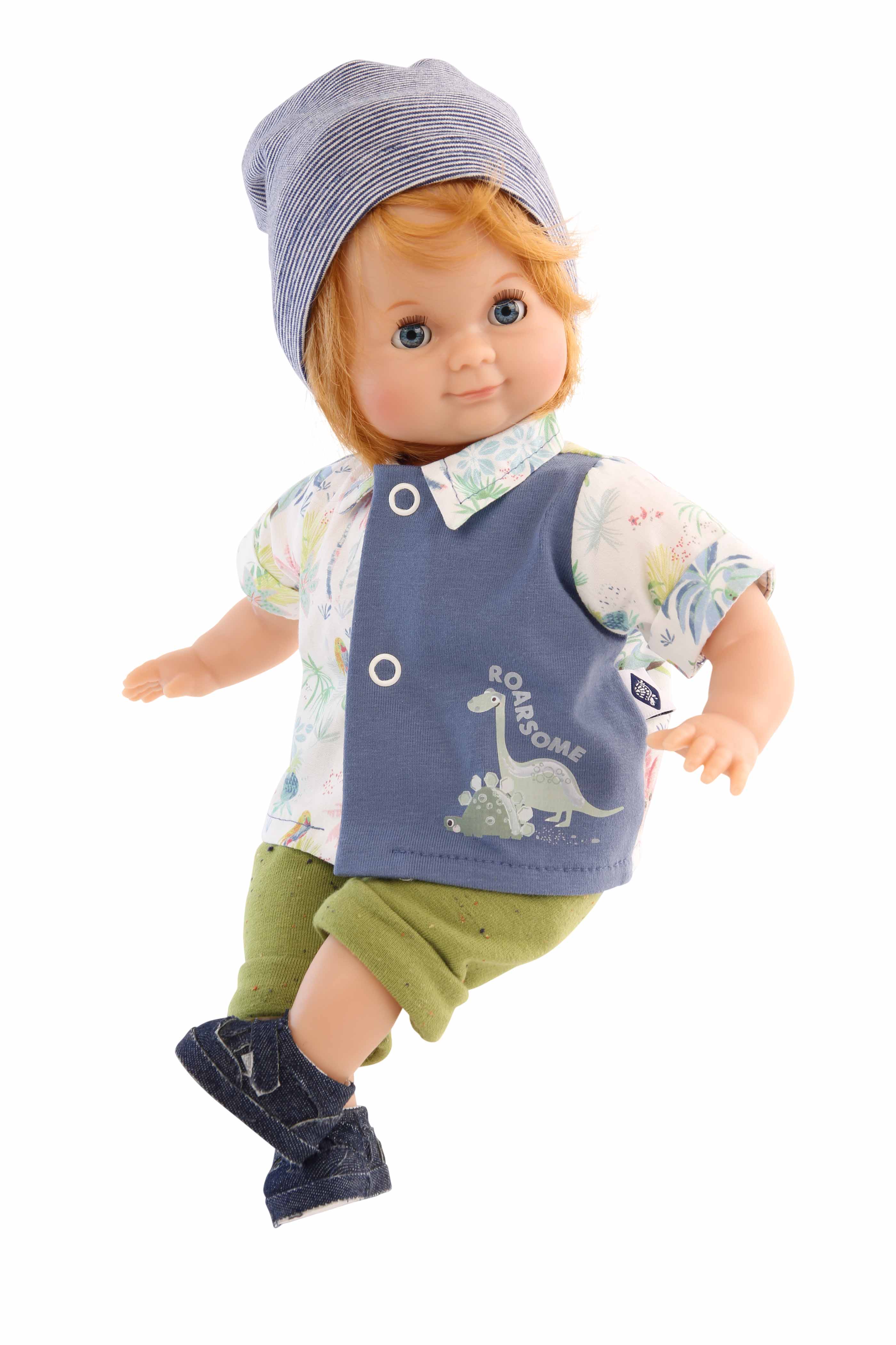 Puppe Schlummerle Junge 32 cm rote Haare, blaue Schlafaugen, Sommerkleidung Dino