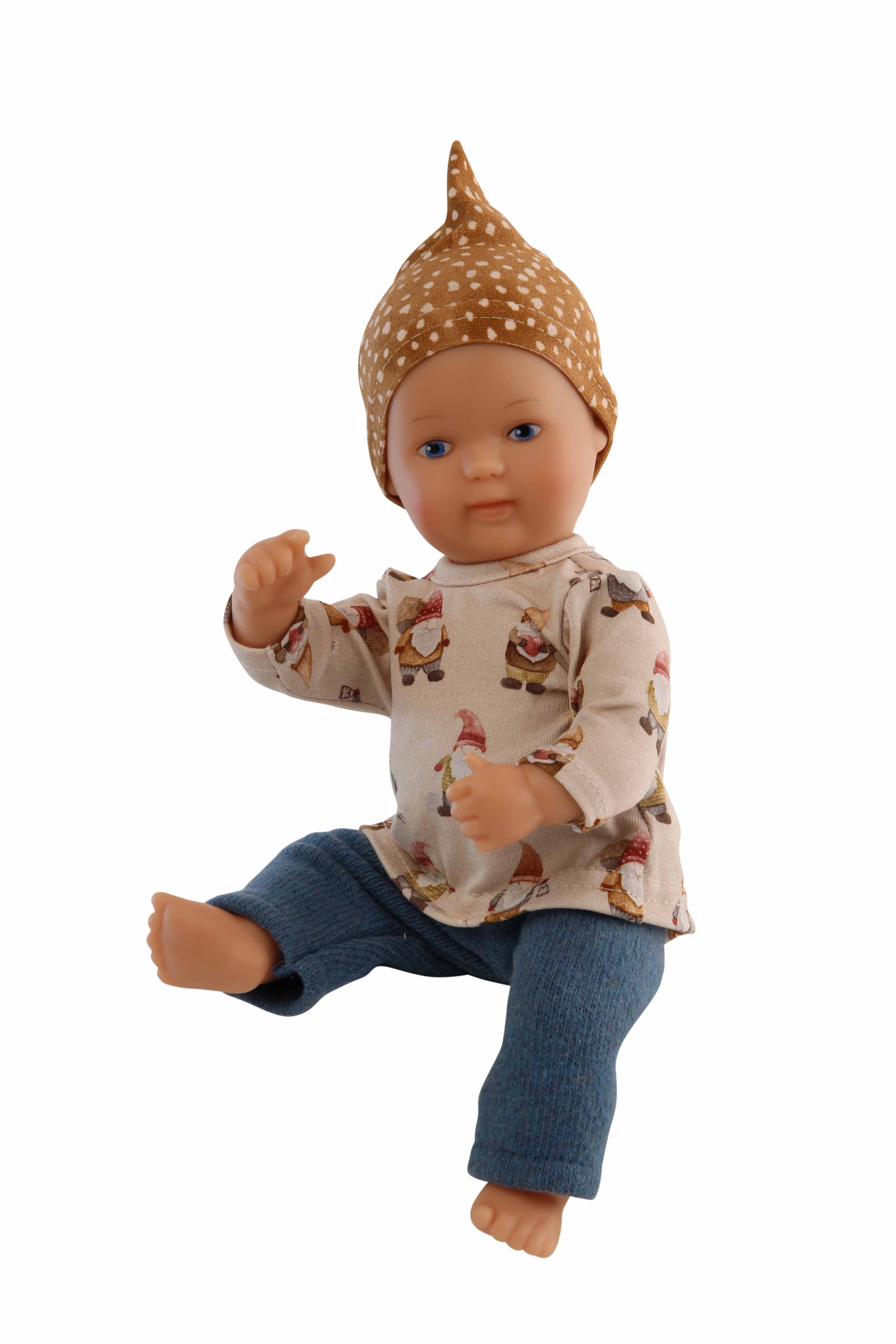 Puppe Mein 1. Baby  28 cm mit Malhaar und blauen Malaugen, Wichtelkleidung blau/braun