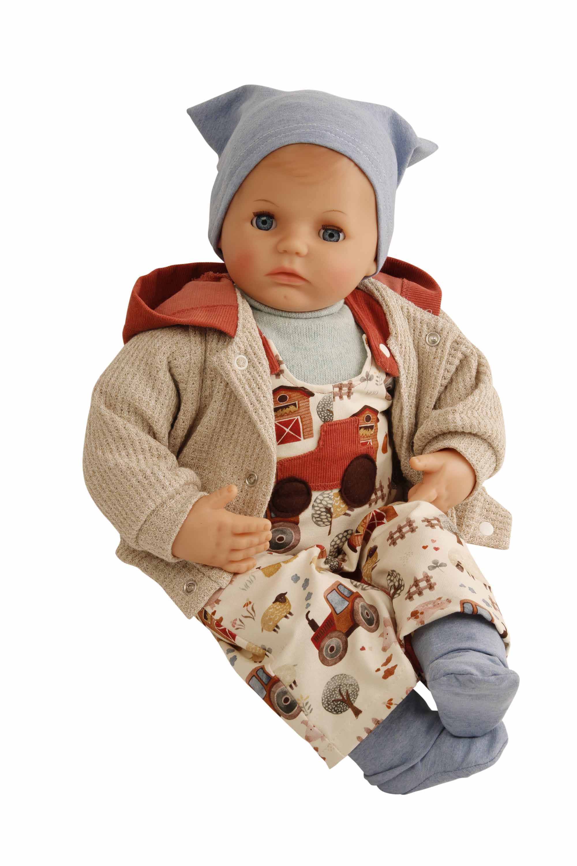 Puppe Peterle  52 cm mit Malhaar, blauen Schlafaugen, Kleidung Bauernhof