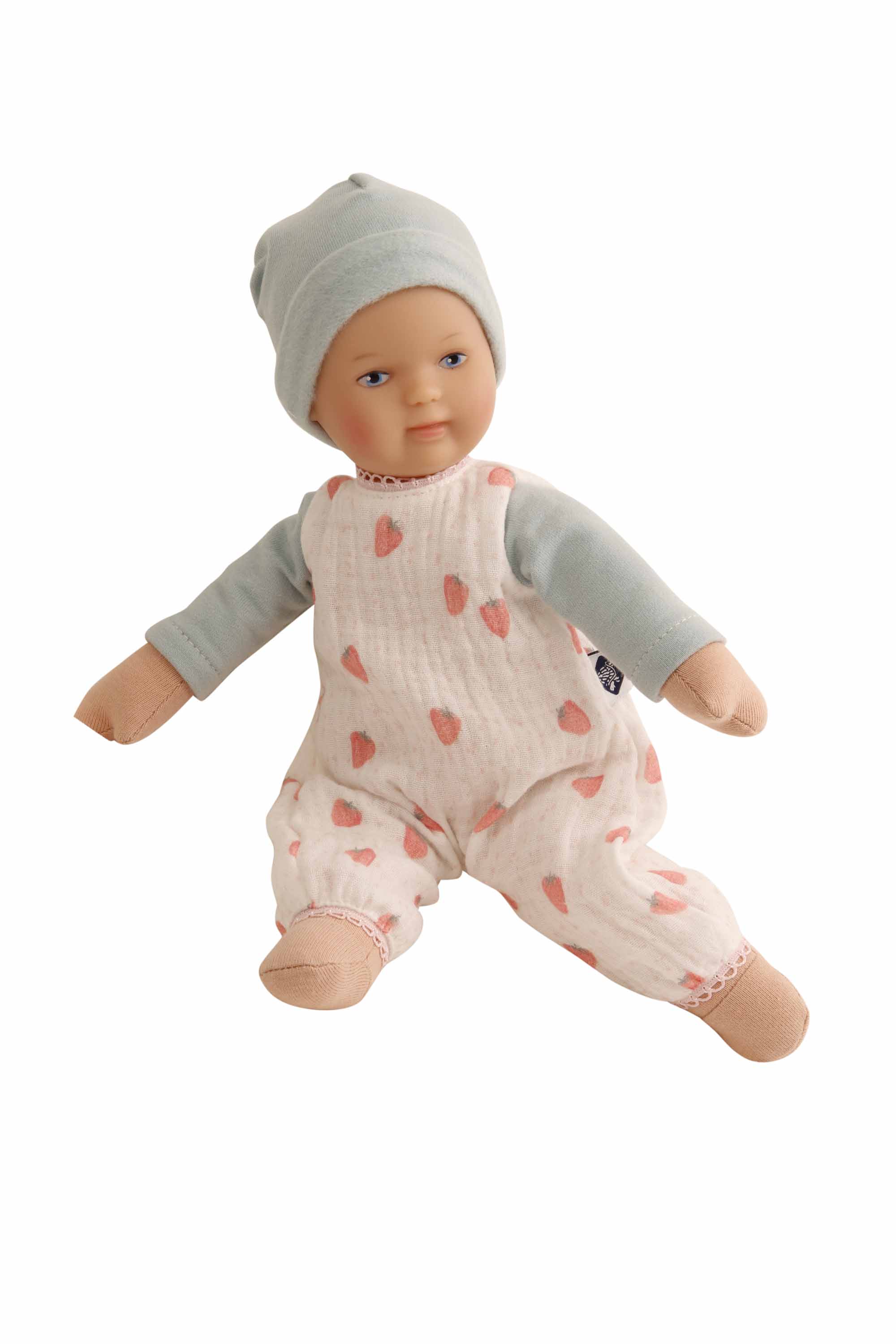 Puppe Schmuserle  30 cm Malhaar, blaue Malaugen, Kleidung  Erdbeere