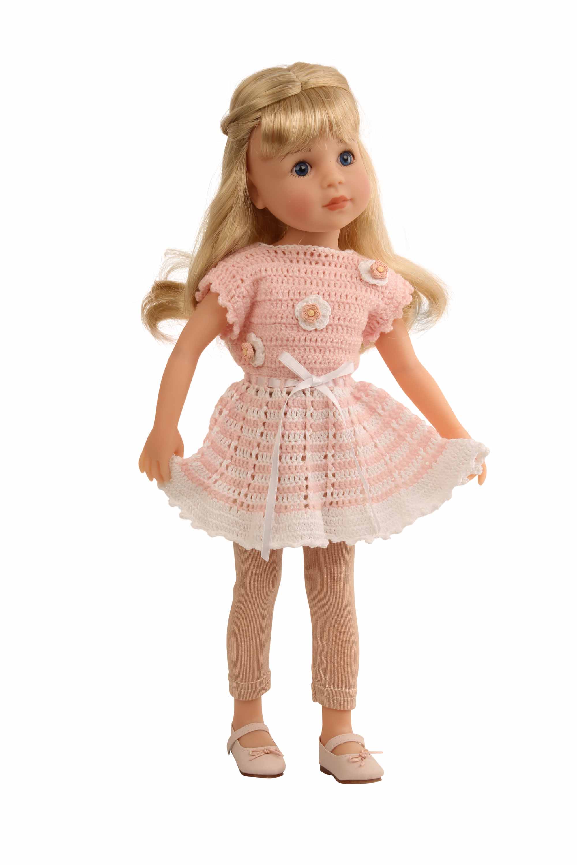 Stehpuppe Yella 46 cm blonde Haare, Häkelkleidung rose/weiss