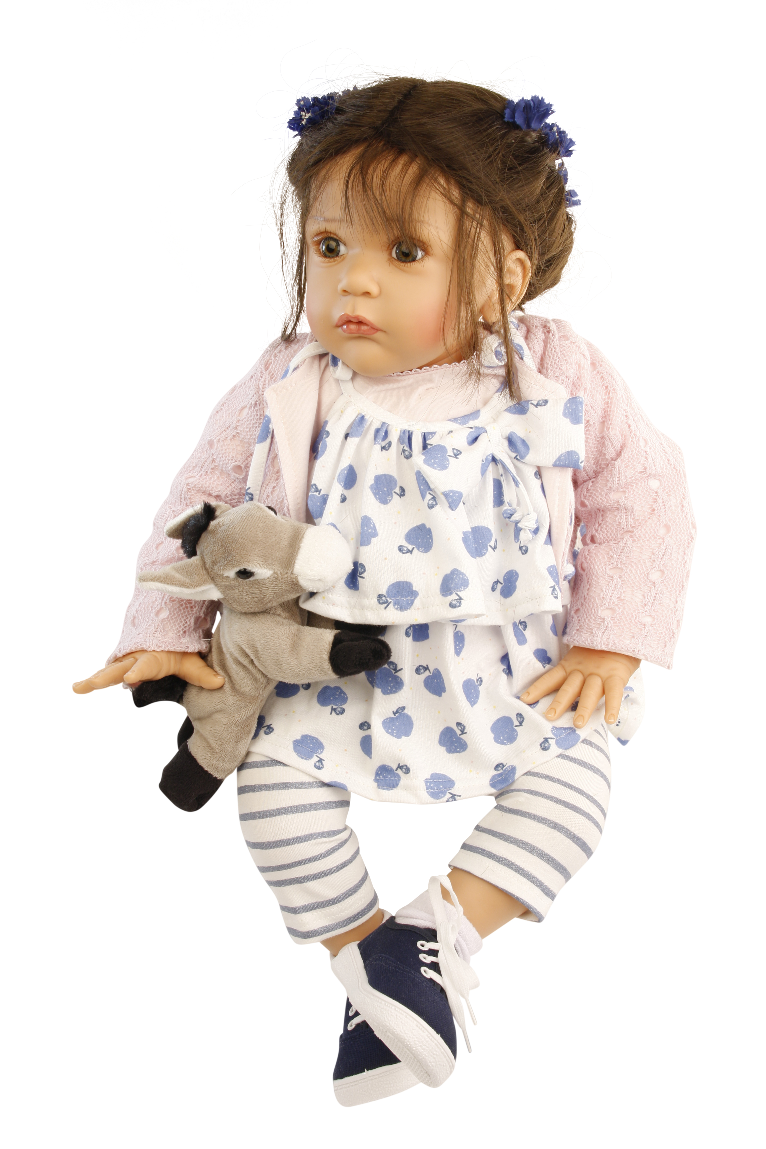 Puppe Mara 60 cm von Gudrun Legler, braune Haare, Kleidung blau/weiss/rose