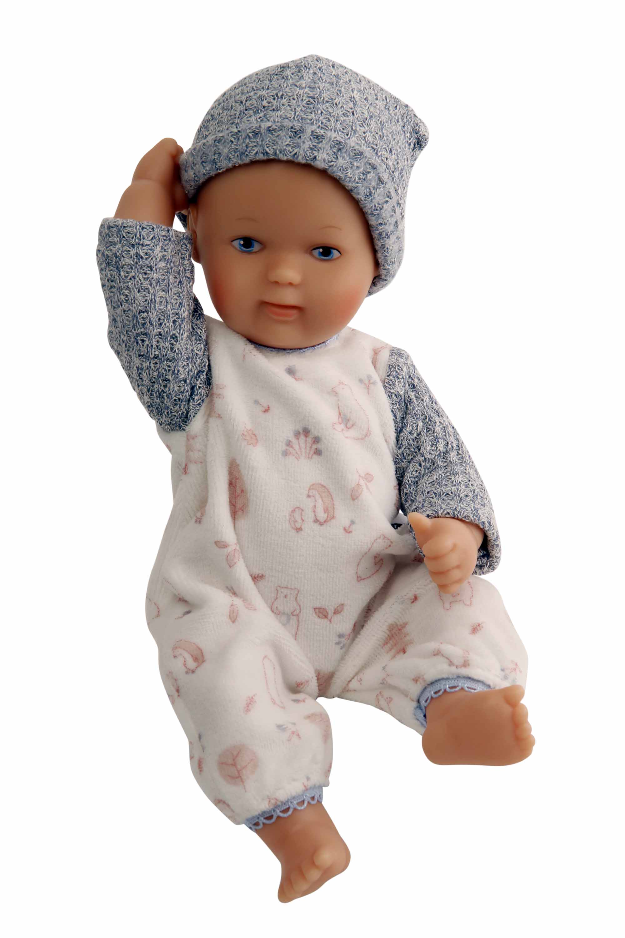 Puppe Mein 1. Baby  28 cm mit Malhaar und blauen Malaugen, Overall blau/weiss