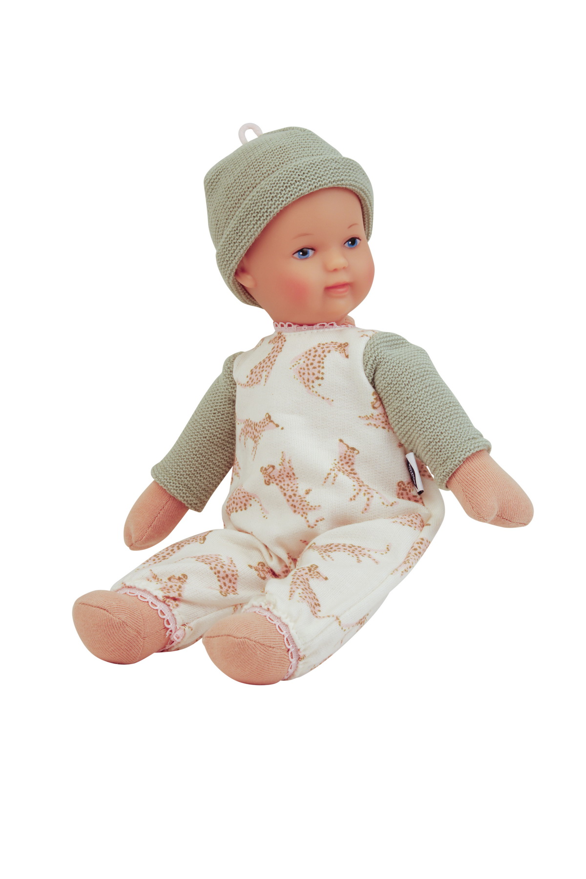 Puppe Schmuserle  30 cm Malhaar, blaue Malaugen, Kleidung  grün/weiss