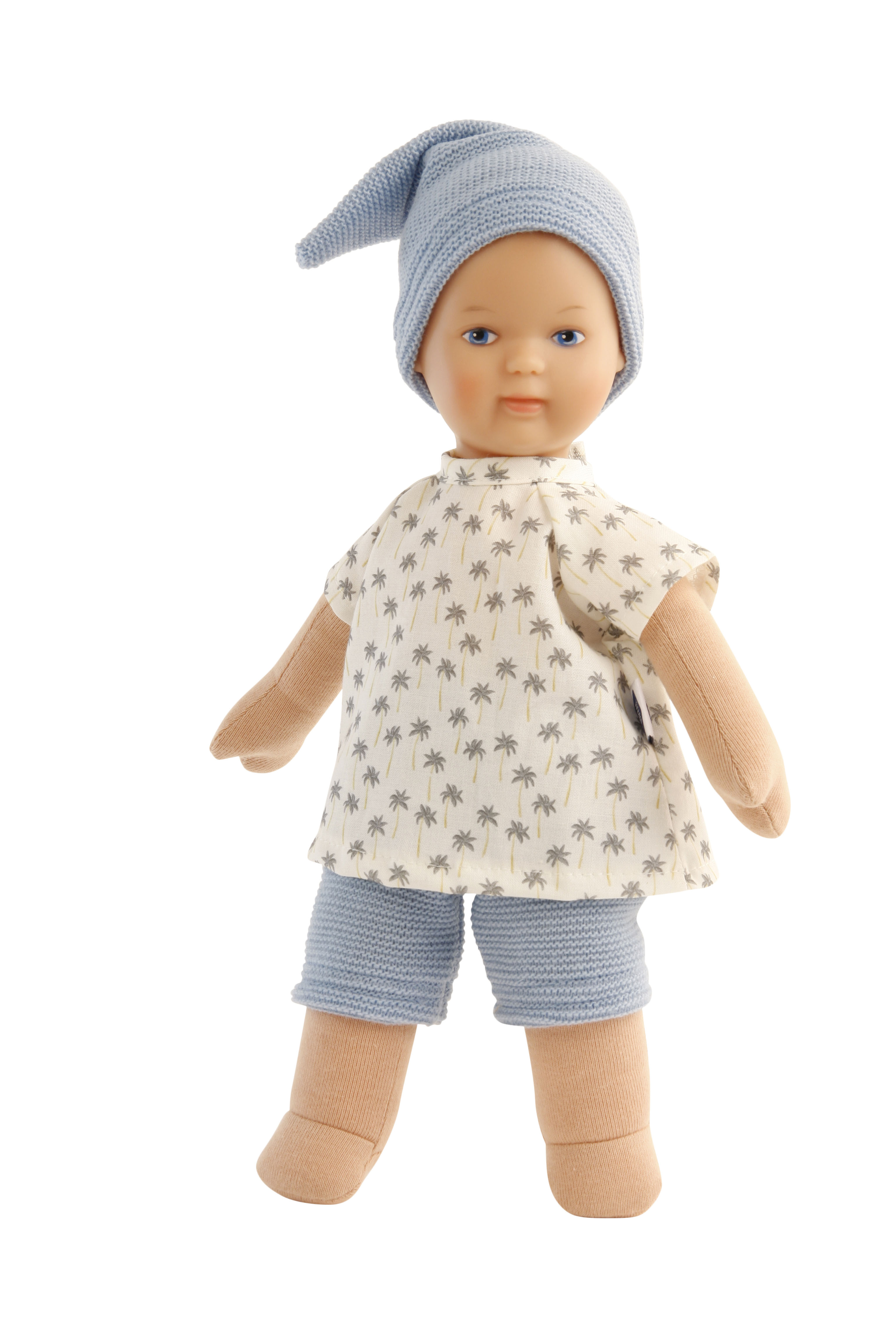 Puppe Schmuserle  30 cm Malhaar, blaue Malaugen, Kleidung blau/weiss mit Palmendruck