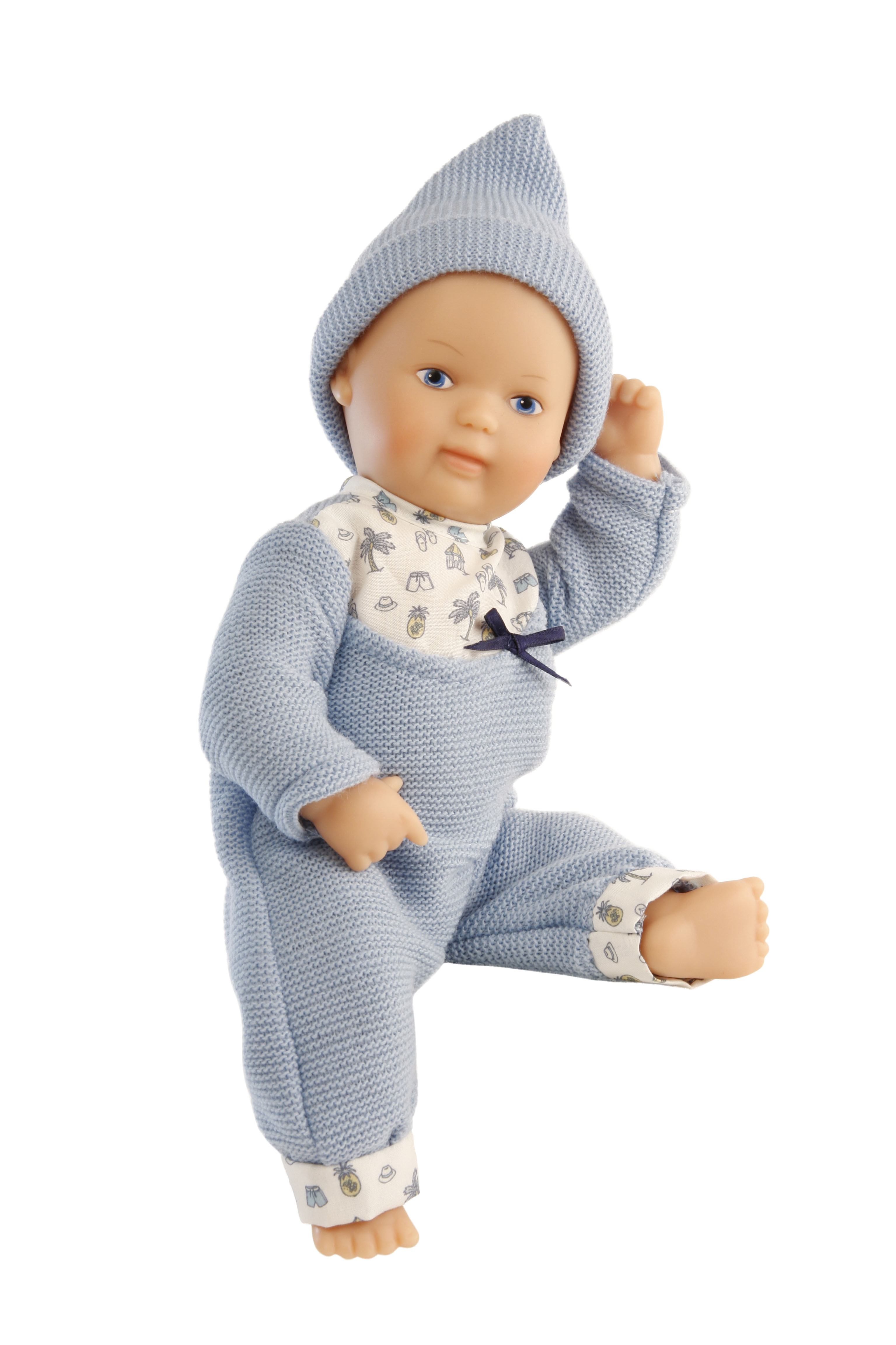 Puppe Mein 1. Baby  28 cm mit Malhaar und blauen Malaugen, Overall blau/weiß Strick