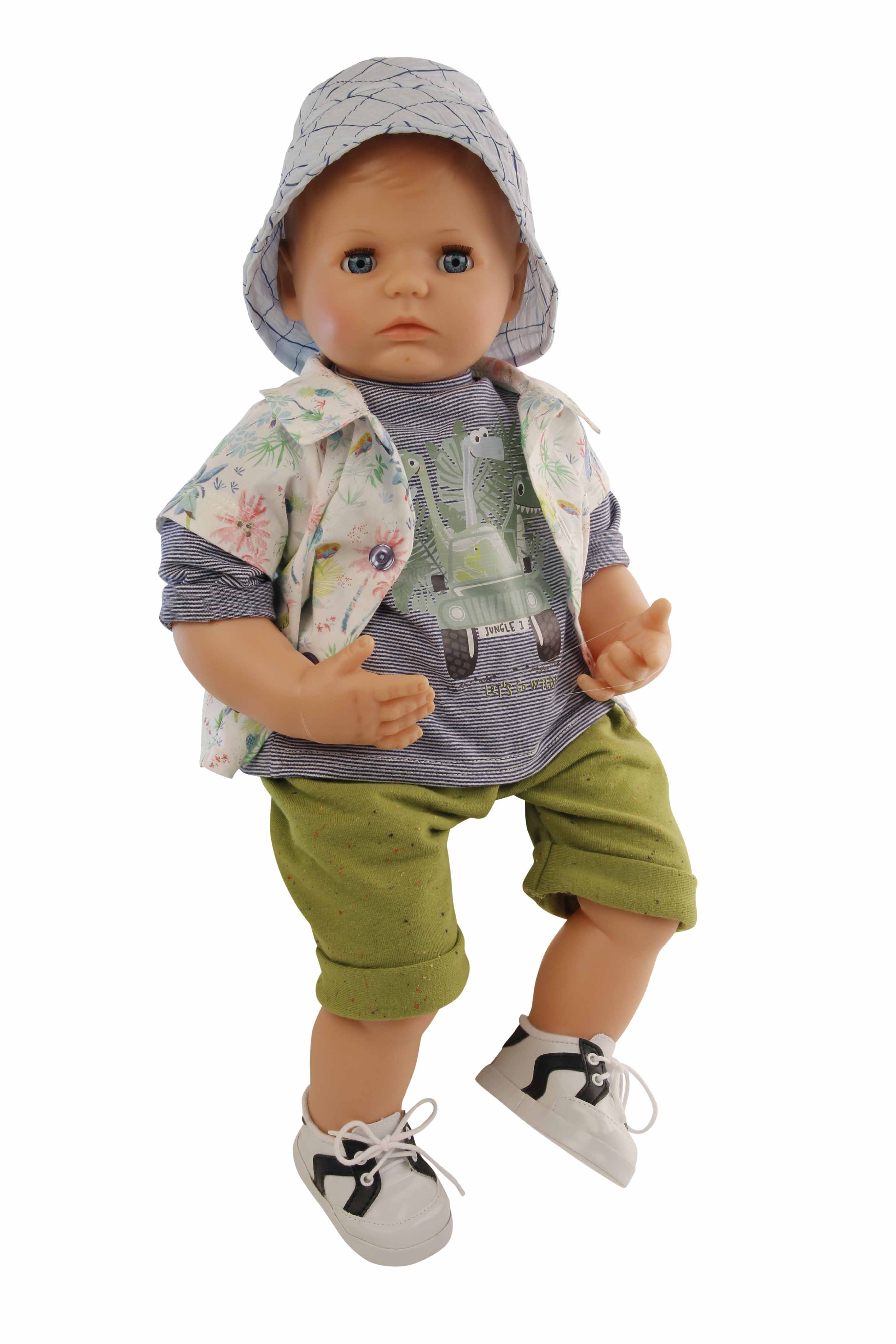 Puppe Peterle  52 cm mit Malhaar, blauen Schlafaugen, Kleidung Dschungel-Outfit