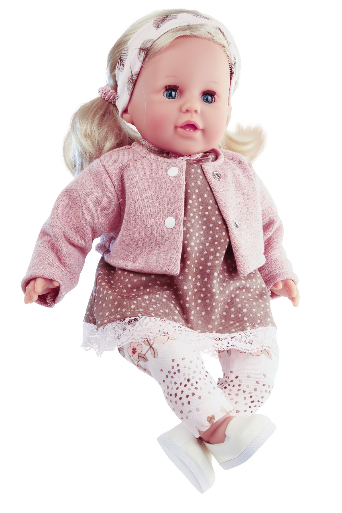 Puppe Susi 45 cm blonde Haare, blaue Schlafaugen, Kleidung weiss/rose/braun