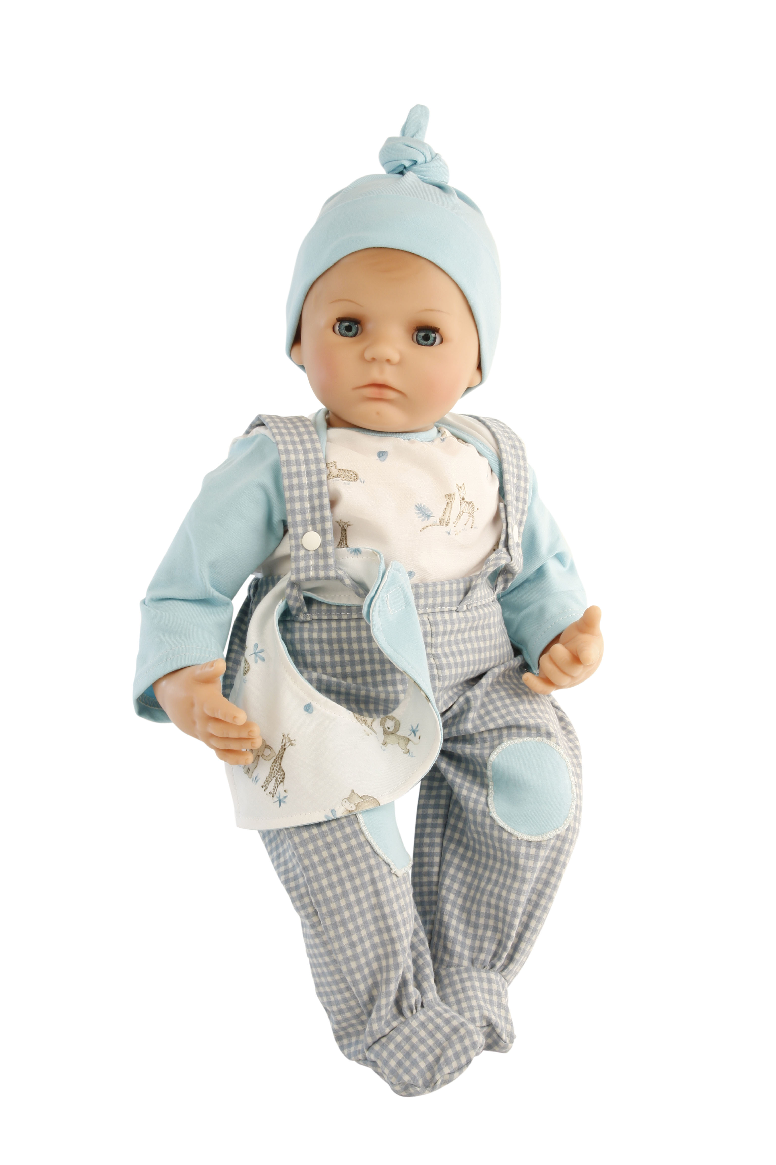 Puppe Peterle  52 cm mit Malhaar, blauen Schlafaugen, Kleidung grau/mint/weiss