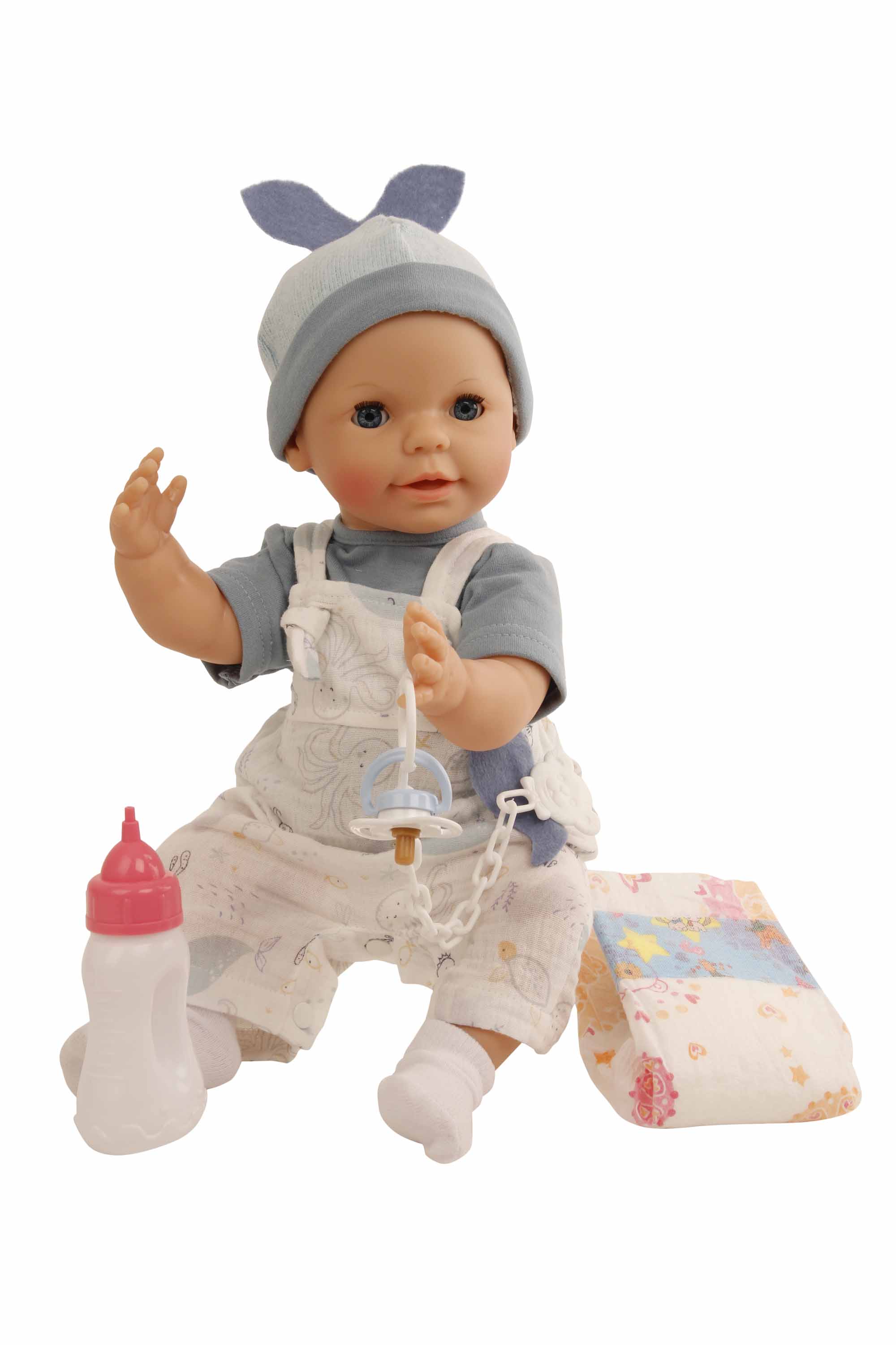 Trink + Näßbaby "Finn"  40 cm mit Malhaar und blauen Schlafaugen, Kleidung martim blau/weiss