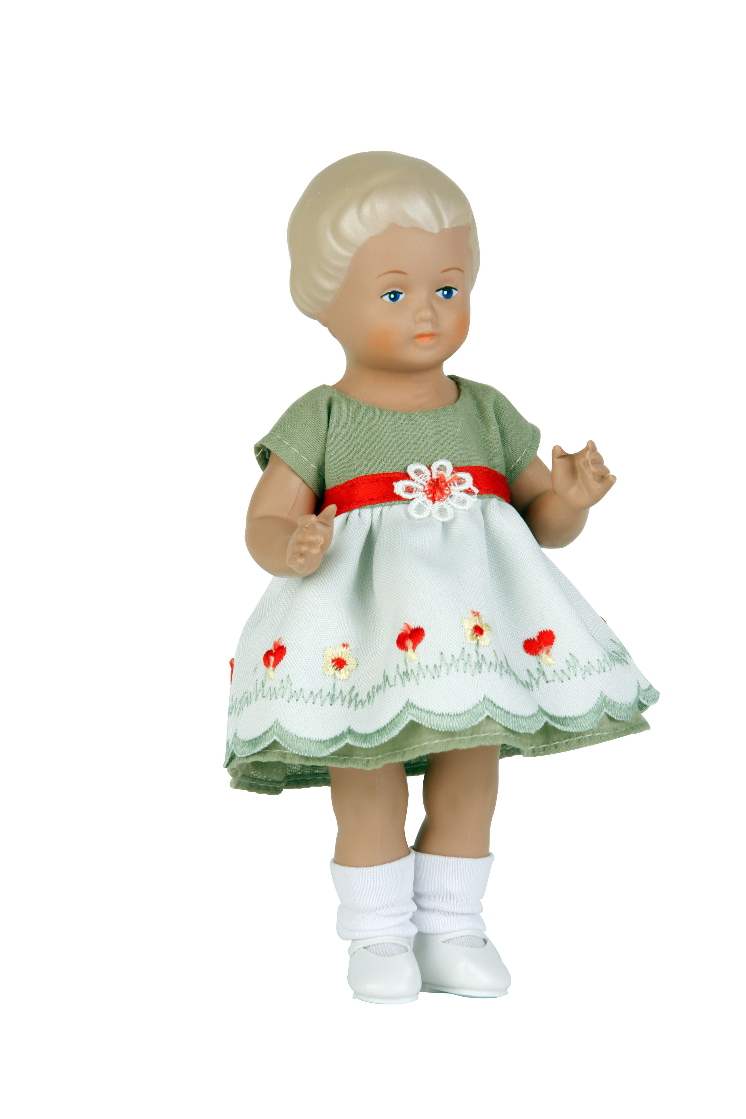 Puppe Ursel 18 cm von 1954 blonde Malhaare, Blumenkleid