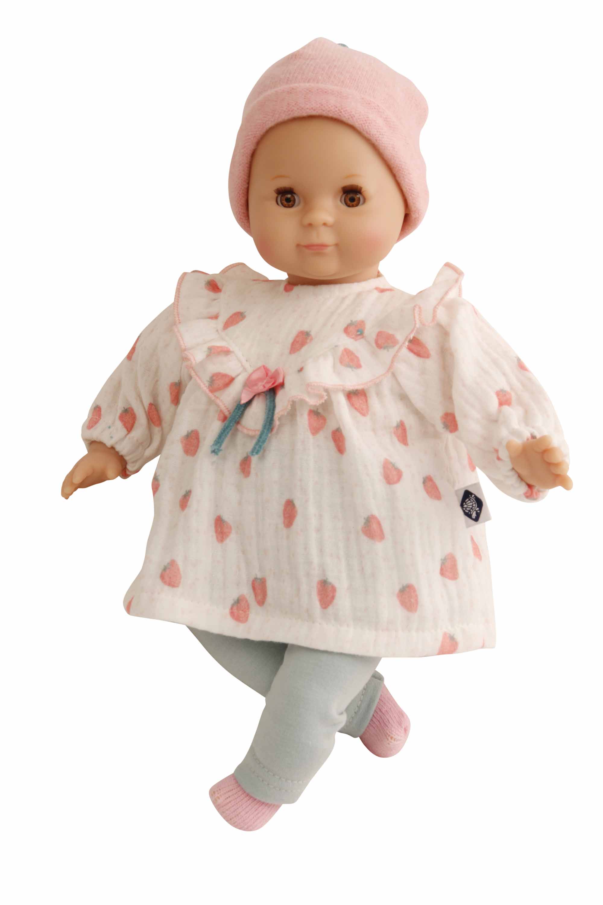 Puppe Schlummerle 32 cm mit Malhaar und braunen Schlafaugen,  Erdbeer-Kleidung