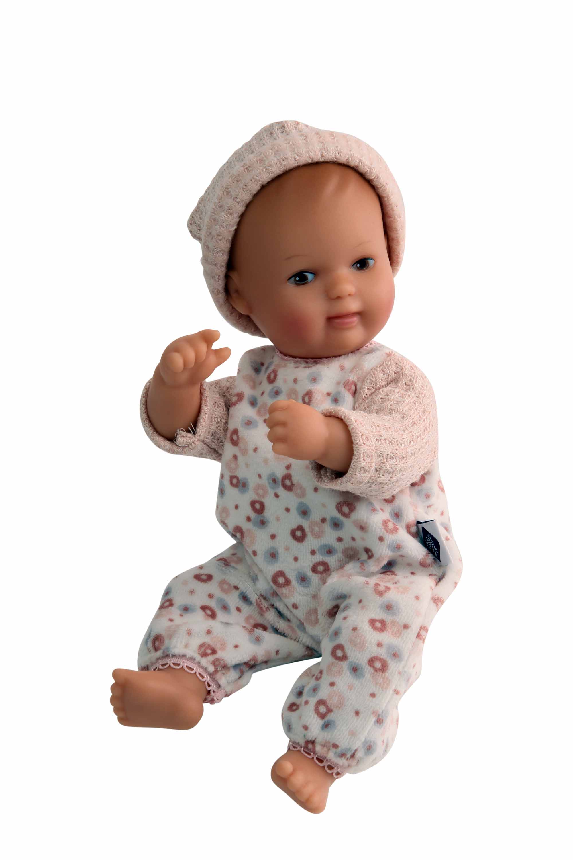 Puppe Mein 1. Baby  28 cm mit Malhaar und braune Malaugen, Overall rose/weiss