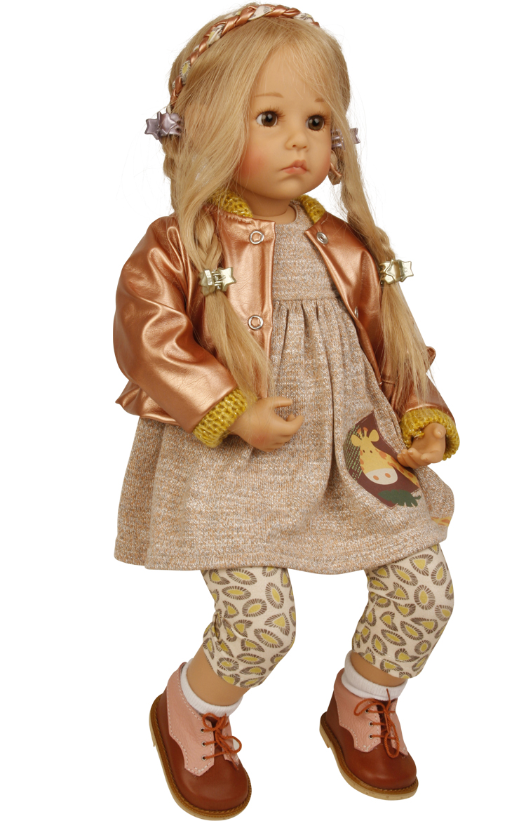 Puppe Elena sitzend 53 cm von Sybille Sauer blonde Haare, Kleiudng beige/braun/rotgold