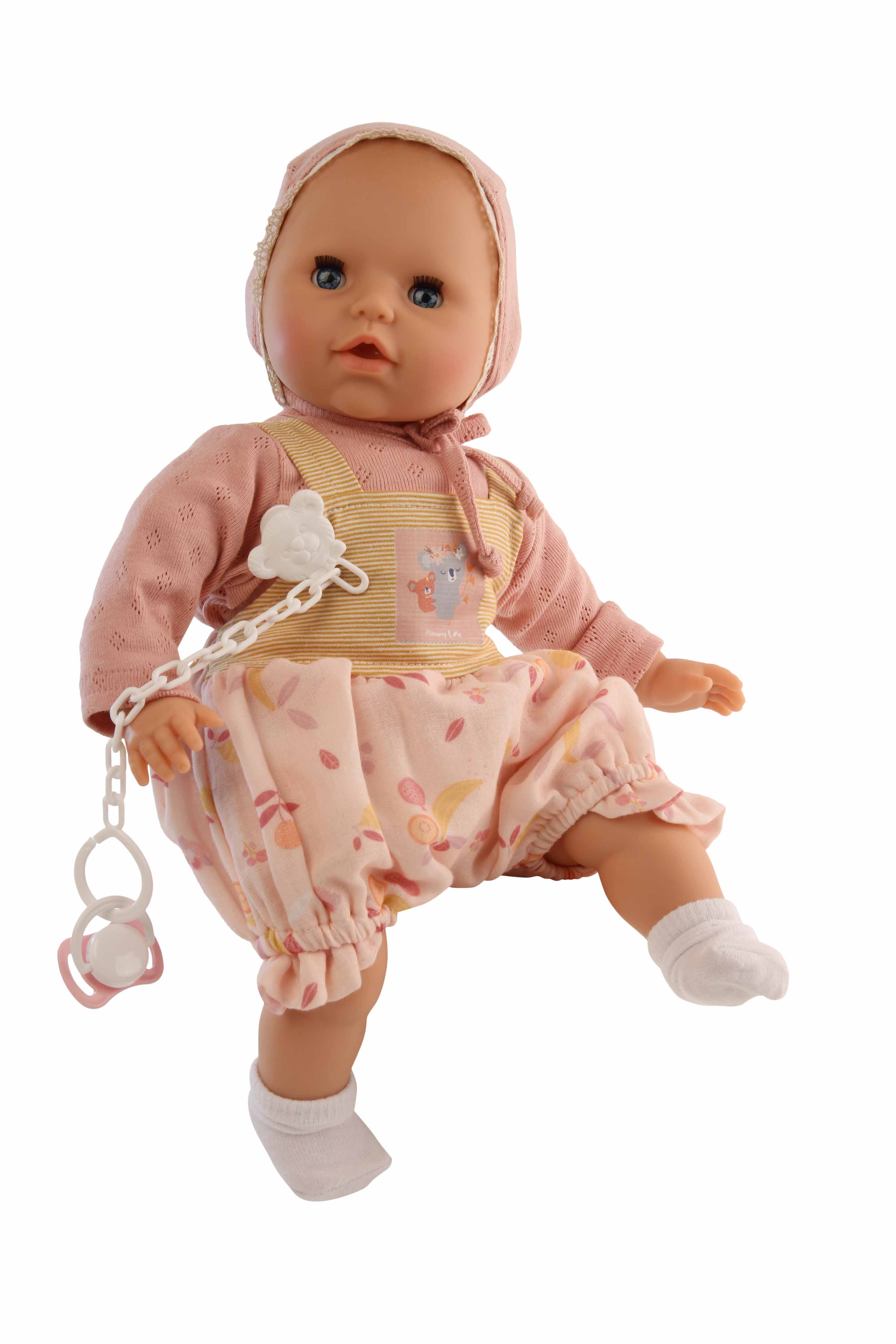 Baby Amy 45 cm mit Schnuller, Malhaar, blaue Schlafaugen, Kleidung  rose mit Früchten