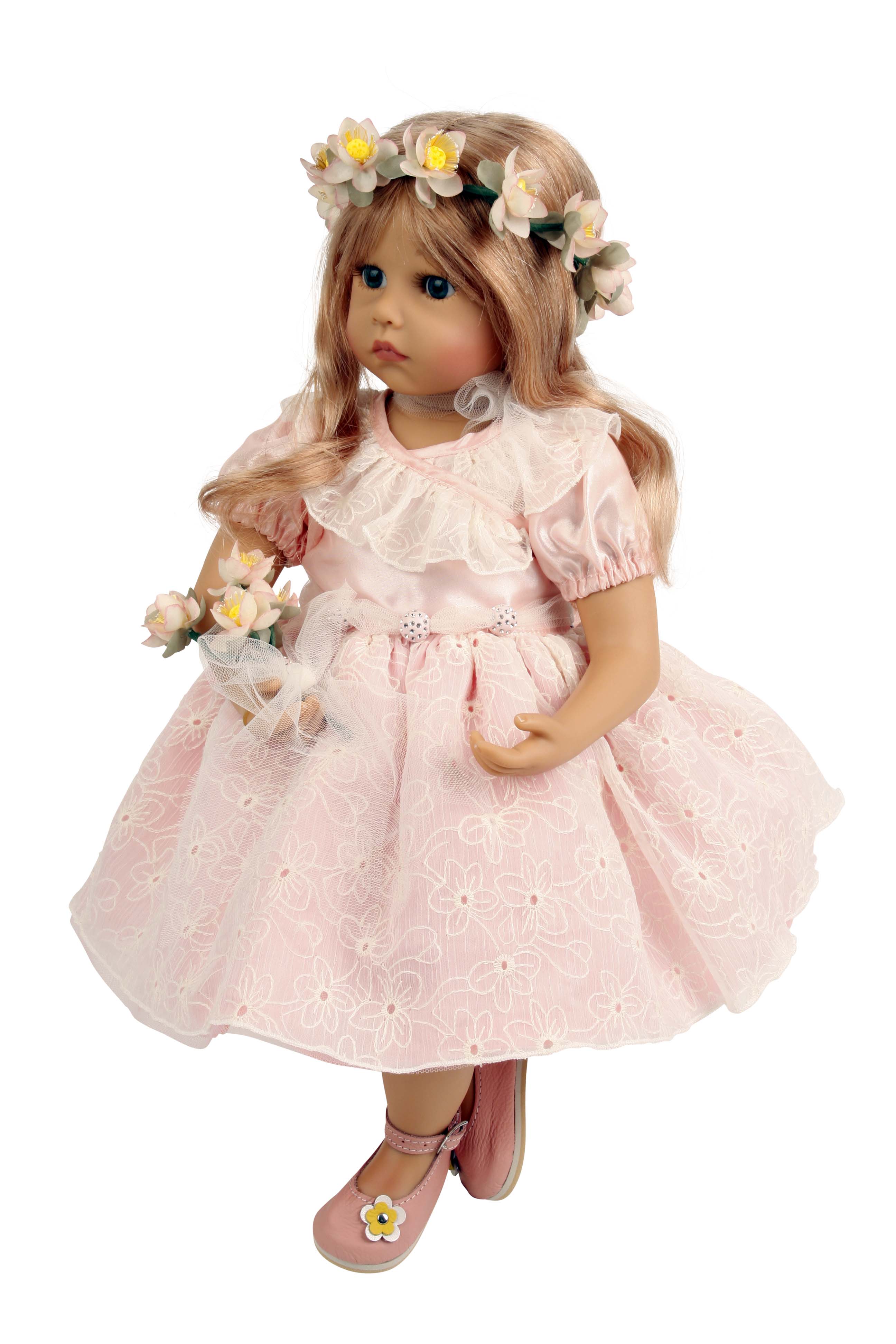 Puppe Elena sitzend 53 cm von Sybille Sauer blonde Haare, Sommerkleid rose