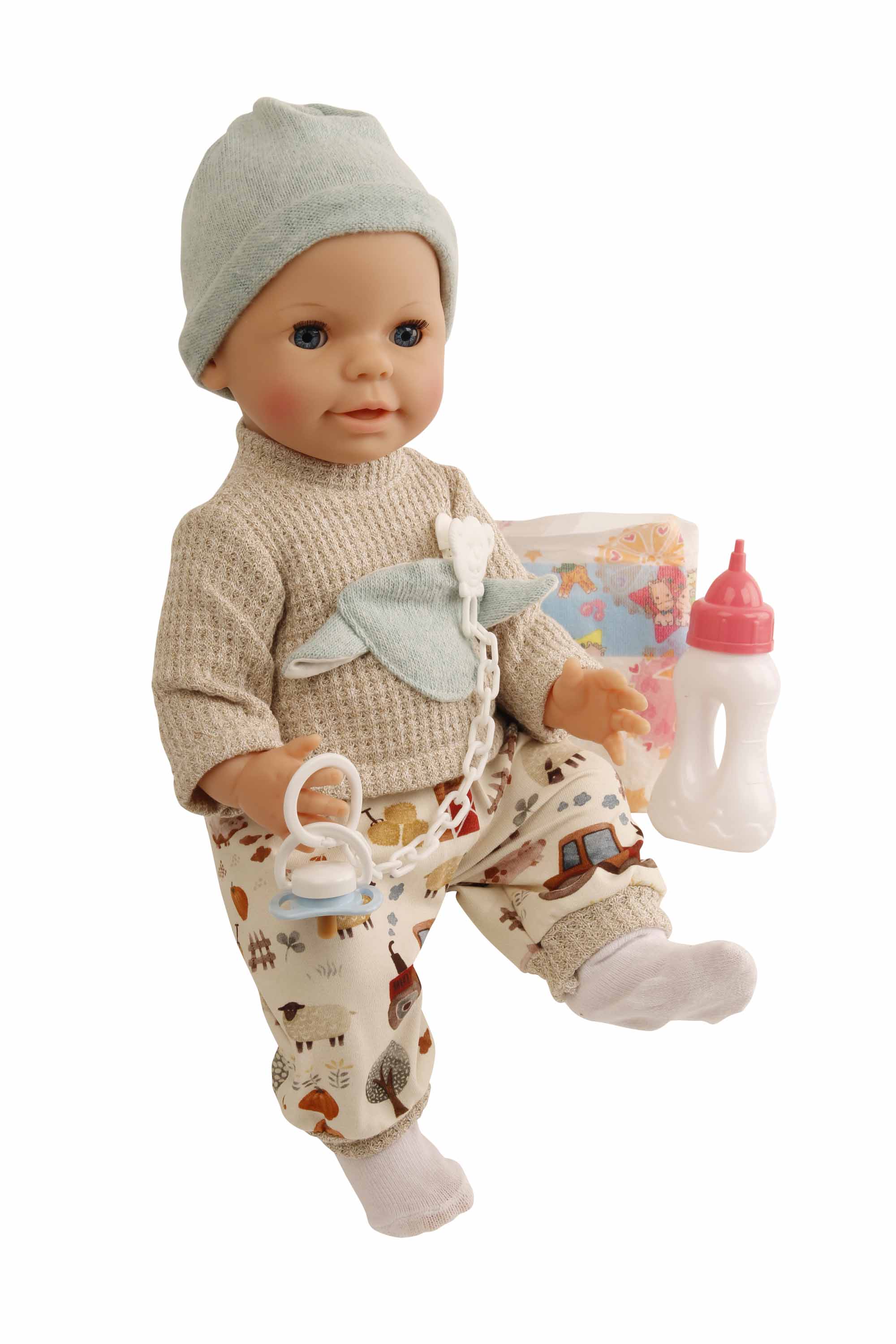 Trink + Näßbaby "Finn"  40 cm mit Malhaar und blauen Schlafaugen, Kleidung Bauernhof