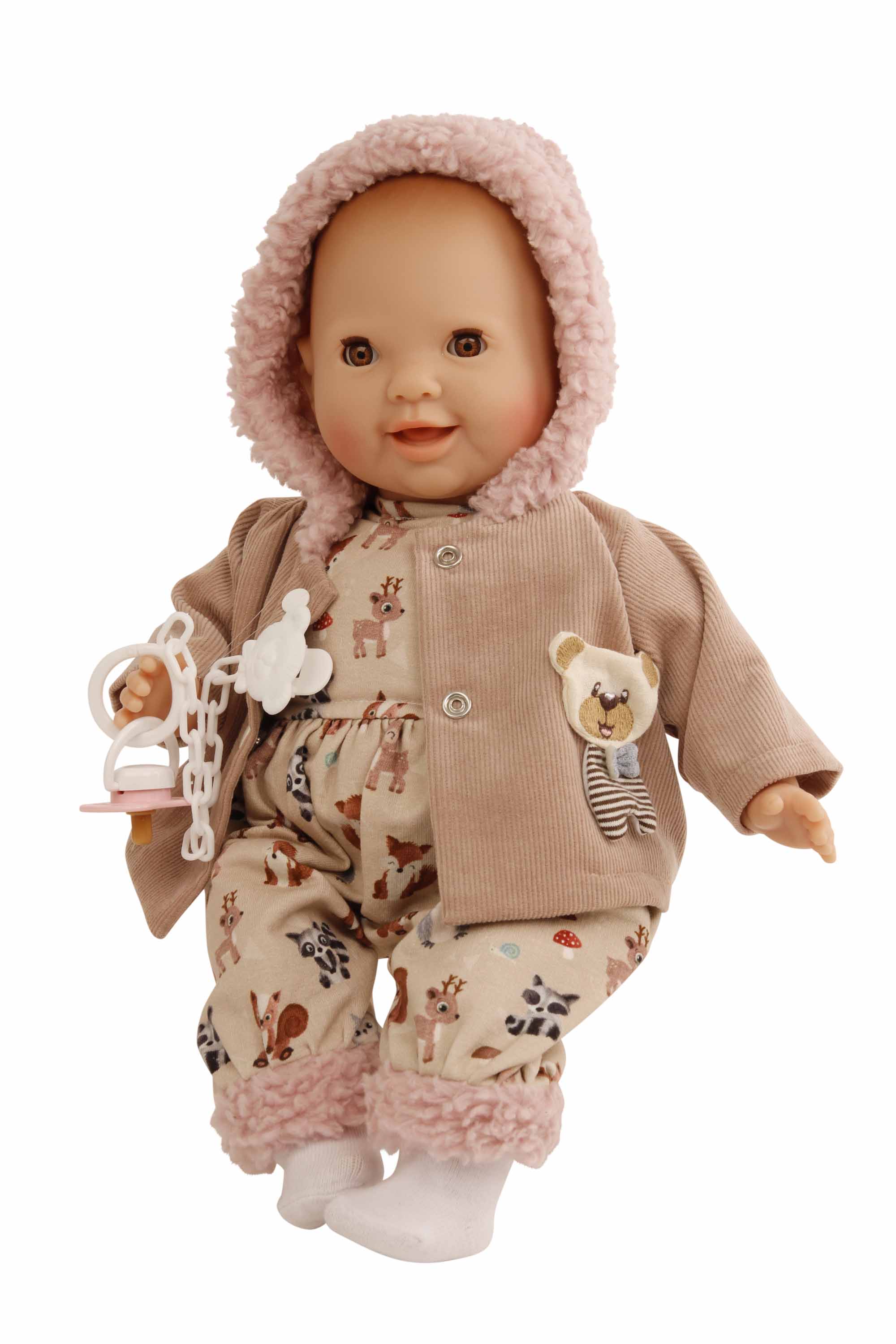 Schnullerbaby Lenchen 37 cm, Malhaar, braune Schlafaugen, Kleidung Waldtiere