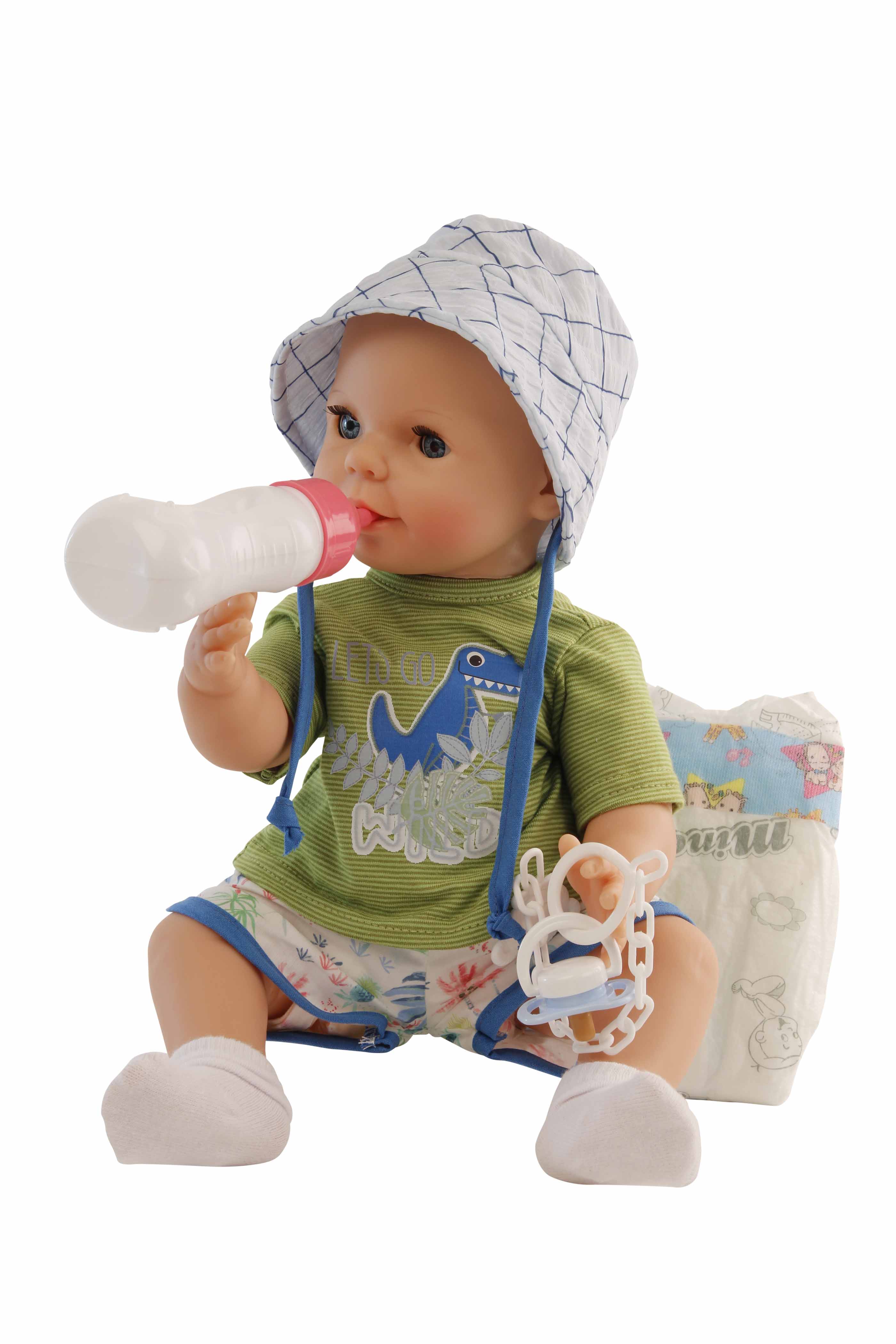 Trink + Näßbaby "Finn"  40 cm mit Malhaar und blauen Schlafaugen, Kleidung Dino