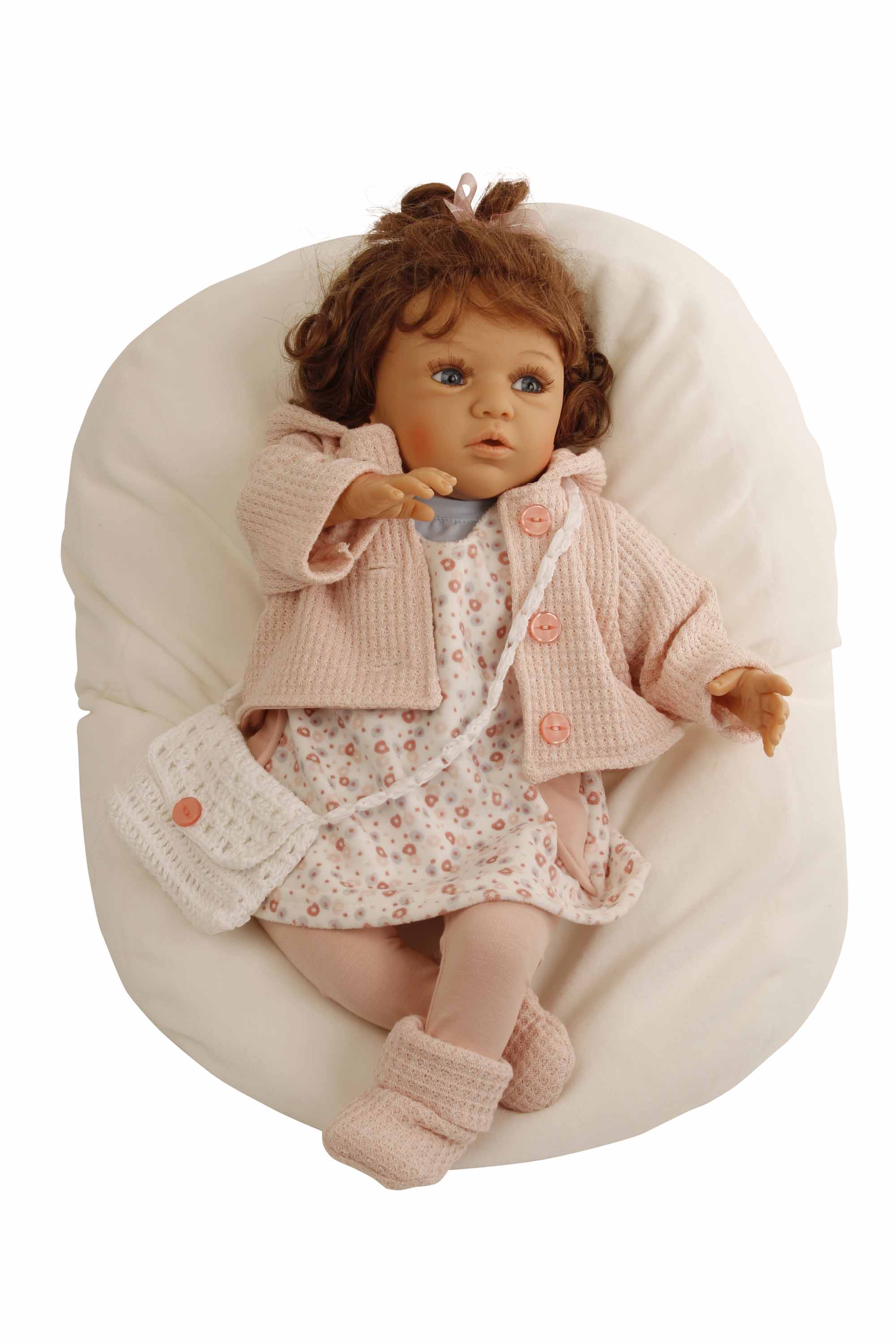 Puppe Rosalie 50 cm von Gudrun Legler, braune Haare, Babykleidung rose/weiss/blau