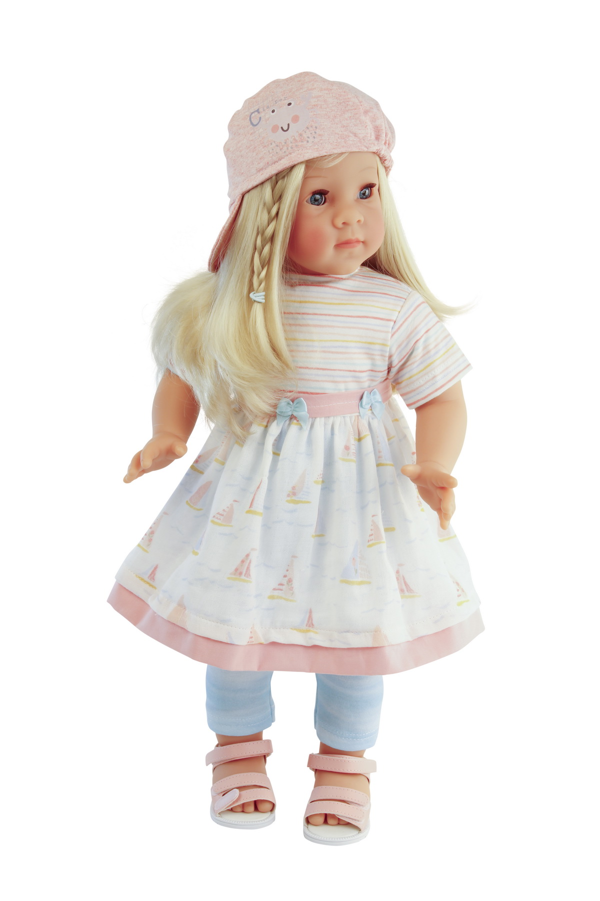 Stehpuppe Elli  52 cm blonde Haare, blaue Schlafaugen, maritime Kleidung weiss/blau/rose