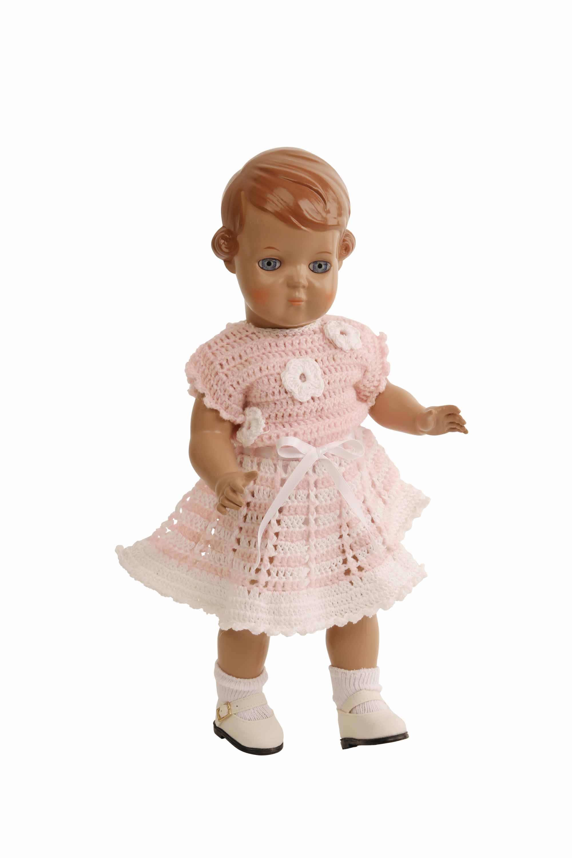 Puppe Inge 34 cm braune Malhaare, blaue Augen, Häkelkleid rose/weiss