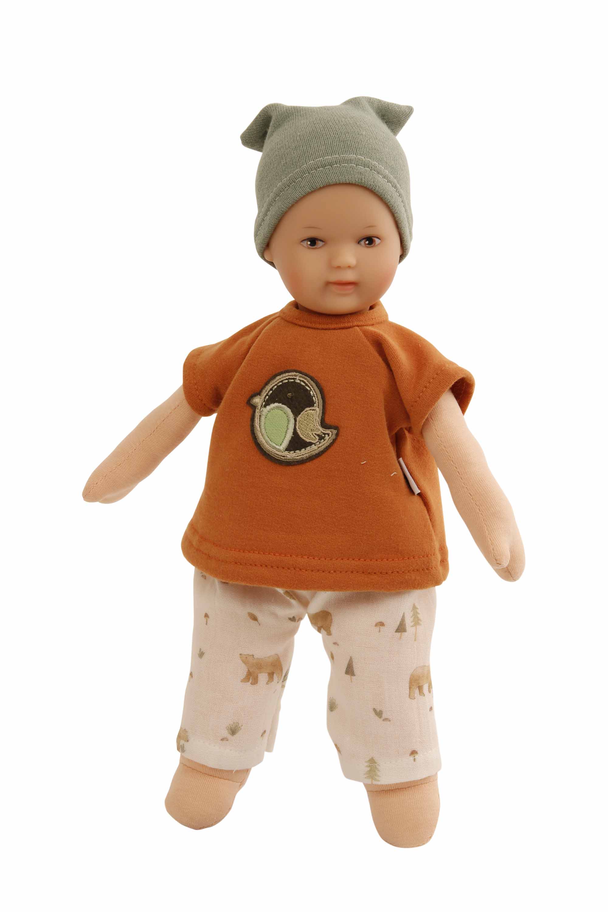 Puppe Schmuserle  30 cm Malhaar, braune Malaugen, Kleidung Bärchen