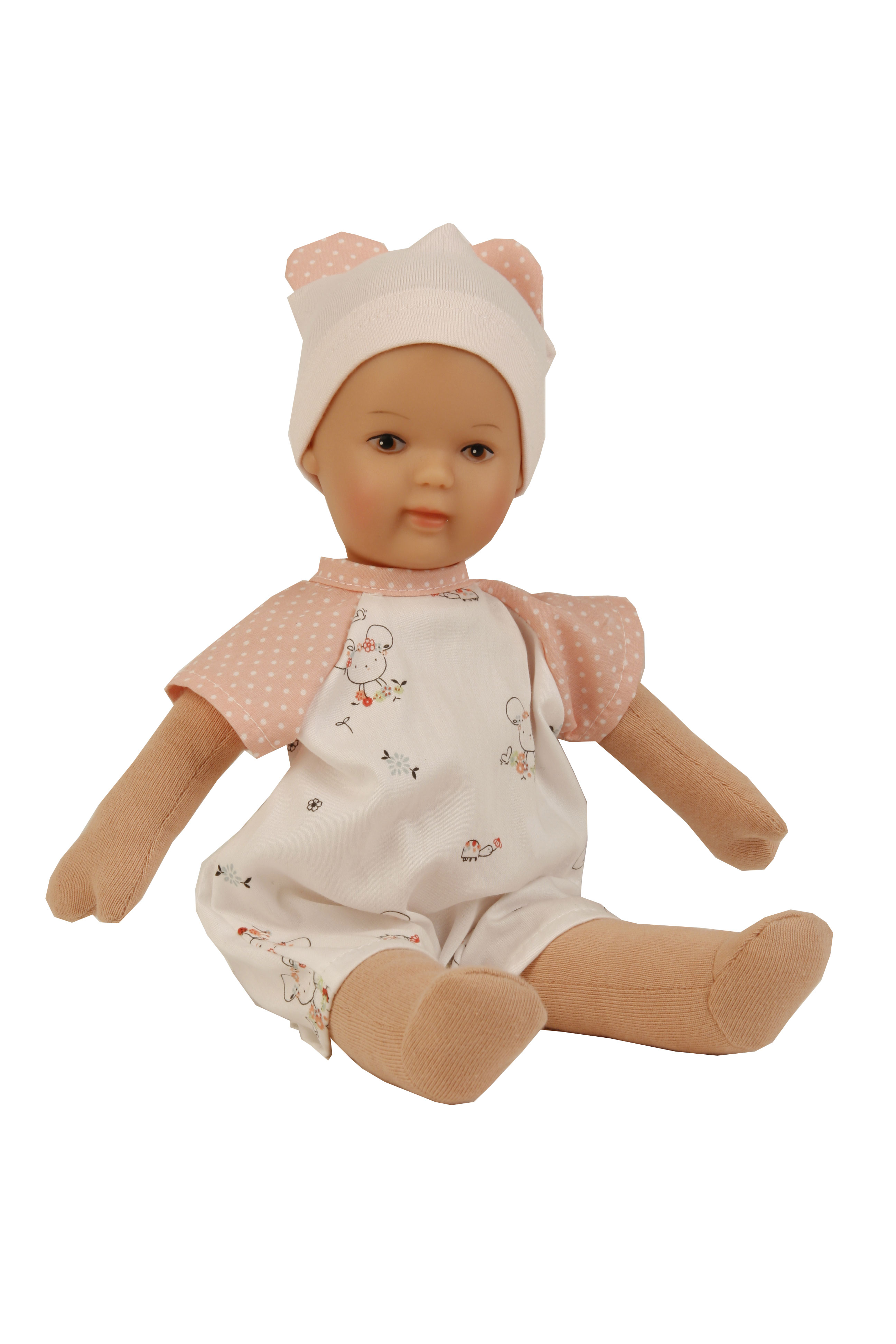Puppe Schmuserle  30 cm Malhaar, braune Malaugen, Kleidung rose/weiss