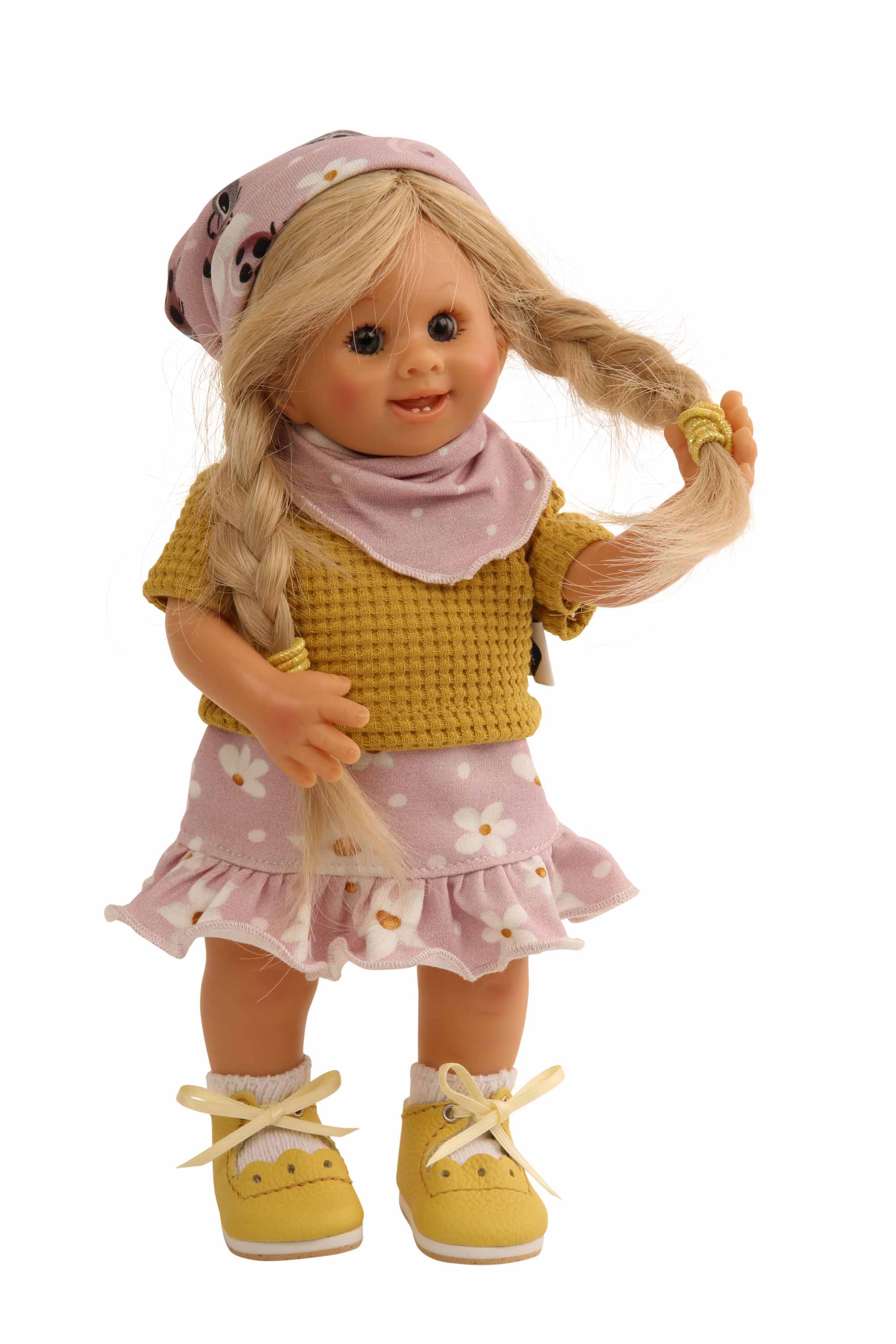 Puppe Müller-Wichtel Ida 25 cm blonde Haare, Blumenkleidung gelb/rose