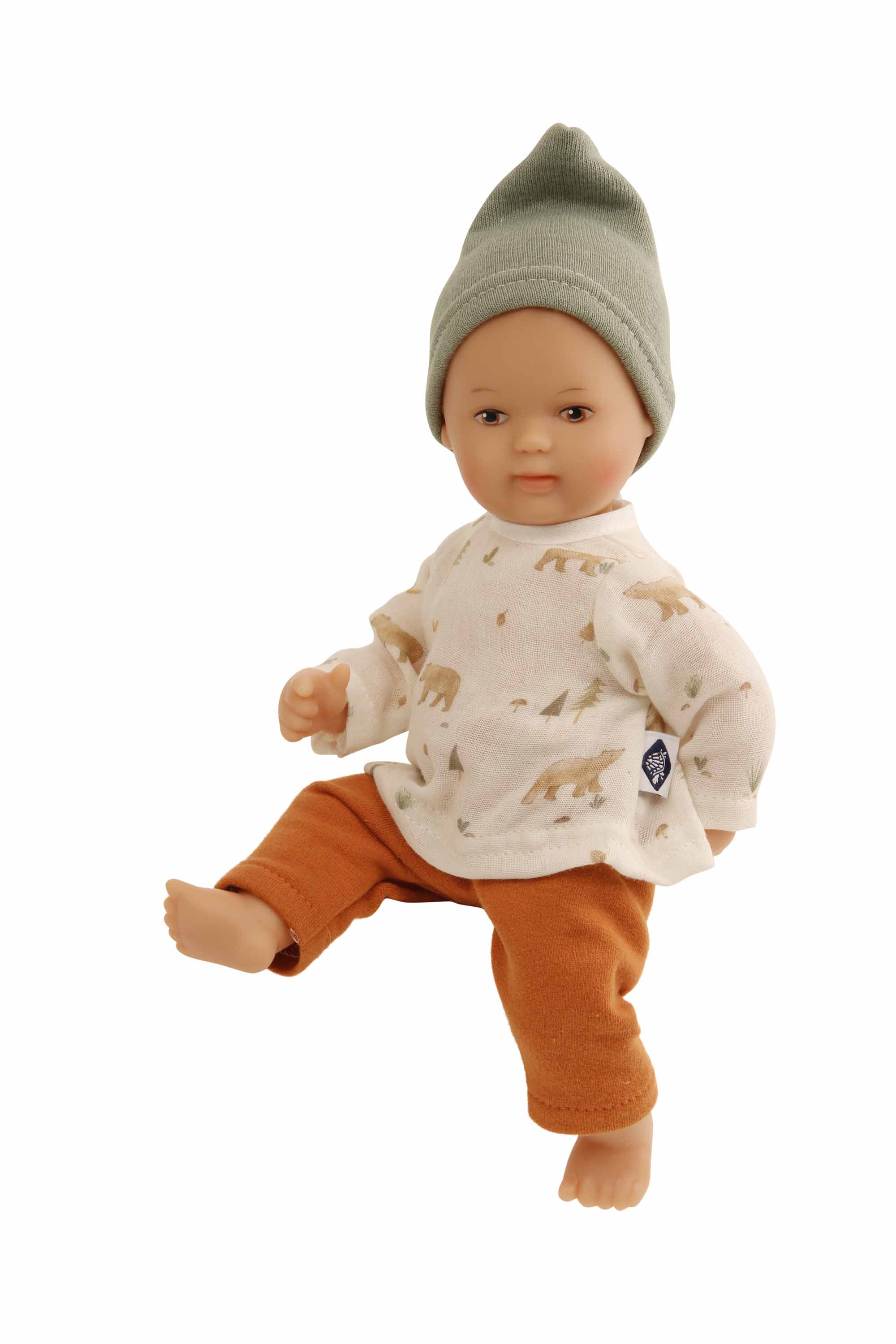 Puppe Mein 1. Baby  28 cm mit Malhaar und braunen Malaugen, Wichtelkleidung mit Bärendruck