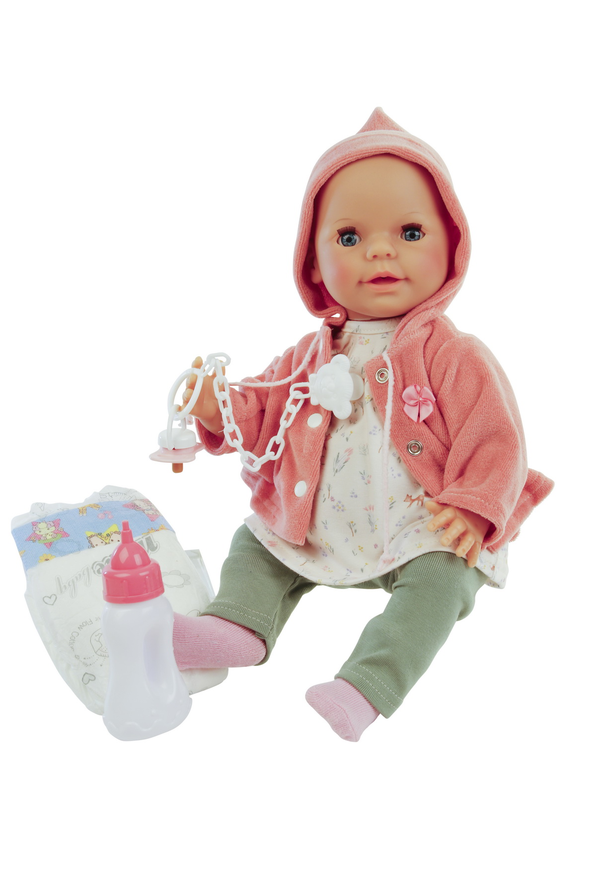 Trink + Näßbaby "Lina" 40 cm mit Malhaar und blauen Schlafaugen, Kleidung weiss/rose/grün