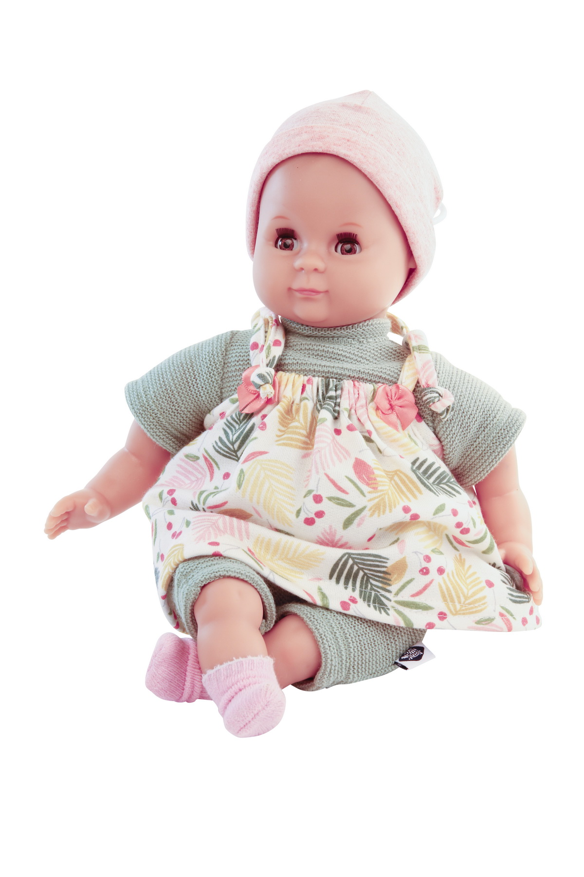 Puppe Schlummerle 32 cm mit Malhaar und braunen Schlafaugen,  Strickoverall grün