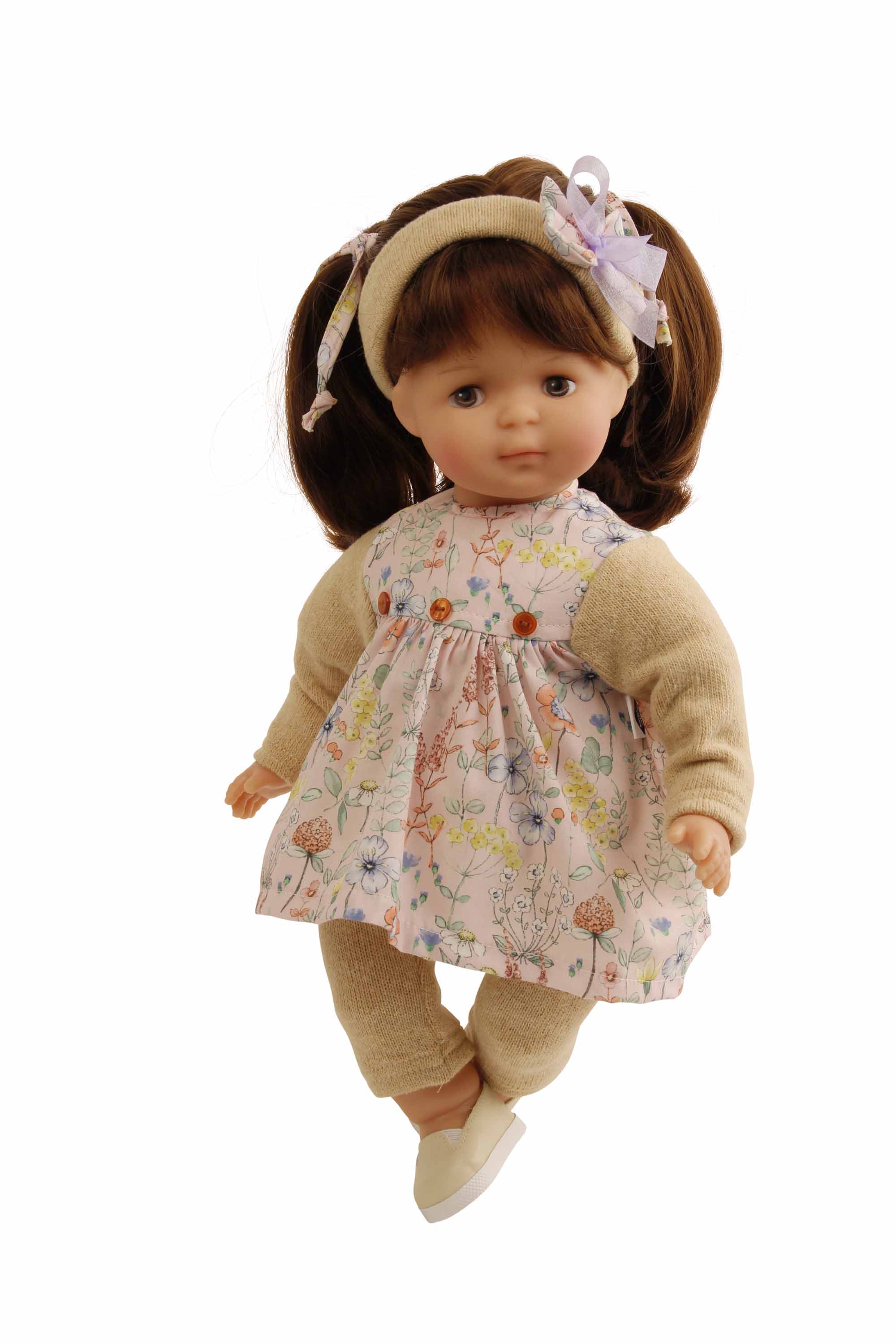 Puppe Strampelchen  37 braune Haare, braune Malaugen, Blumenkleidung