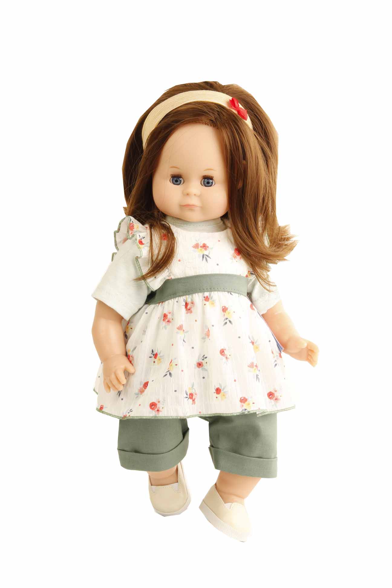 Puppe Schlummerle  37 cm blonde Haare, blaue Schlafaugen,  Kleidung weiss/grün