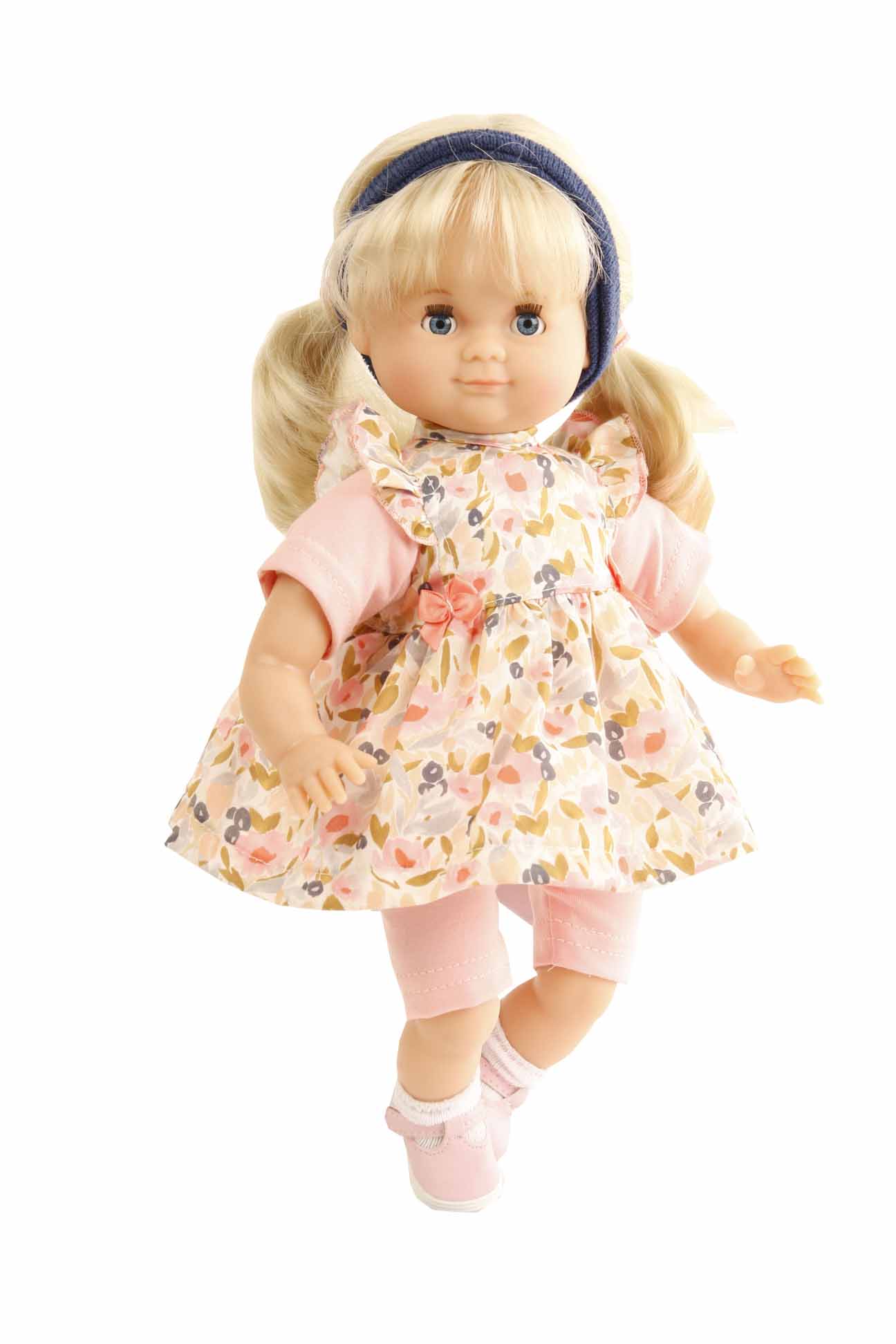 Puppe Schlummerle 32 cm blonde Haare, blaue Schlafaugen,Sommerkleidung rose/weiss