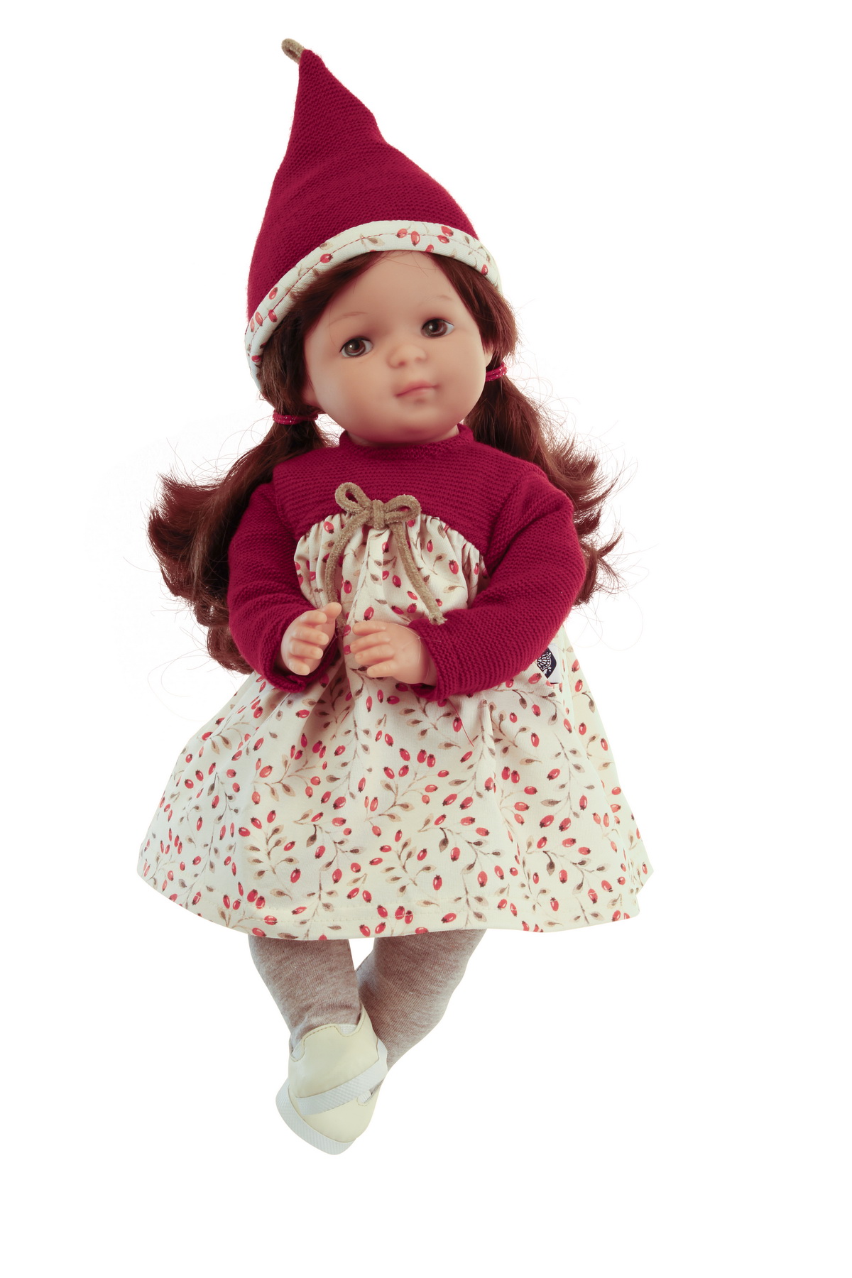 Puppe Strampelchen  37 braune Haare, braune Malaugen, Kleidung weiß/rot/beige