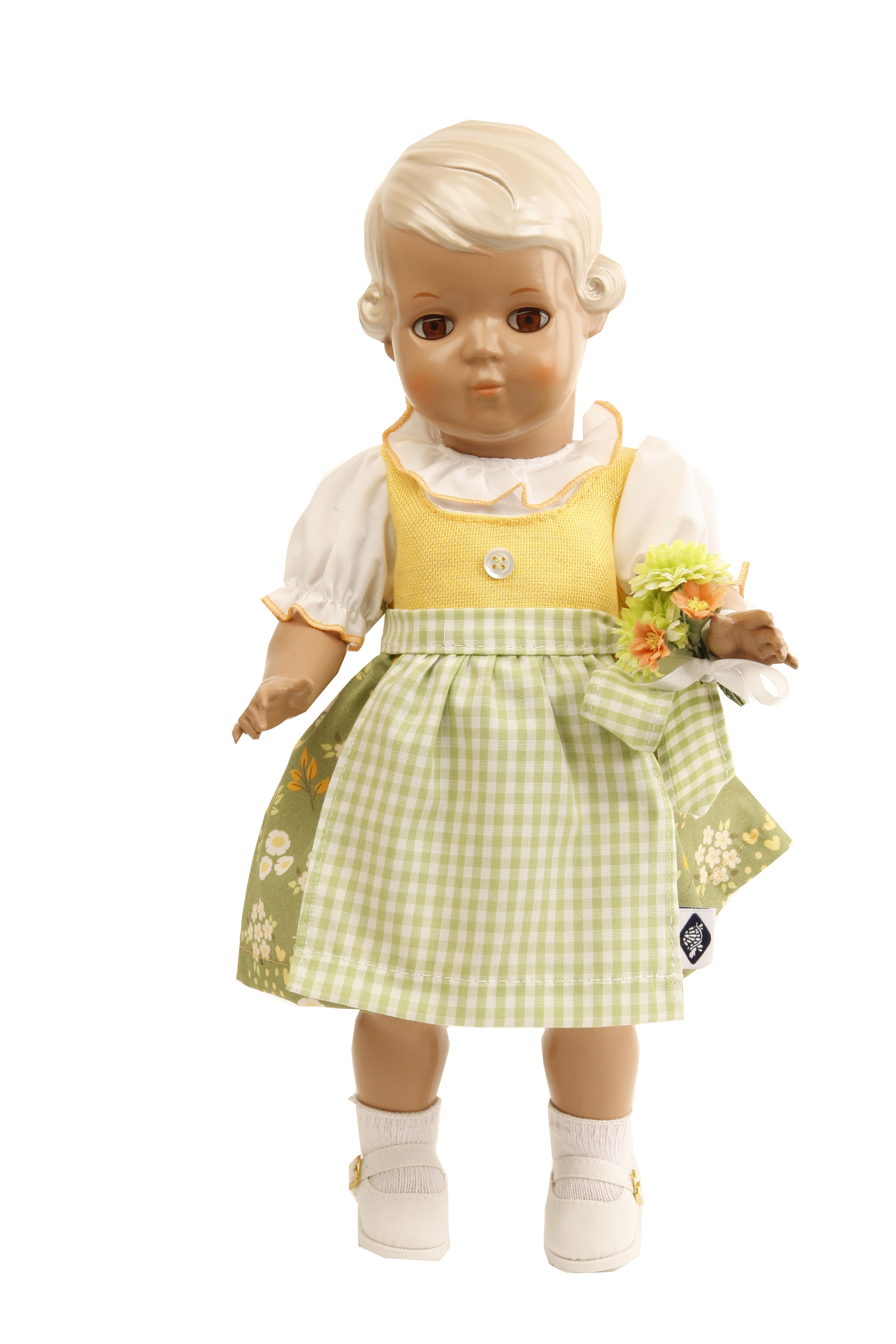 Puppe Inge 34 cm blonde Malhaare, braune Augen, Dirndl gelb/grün