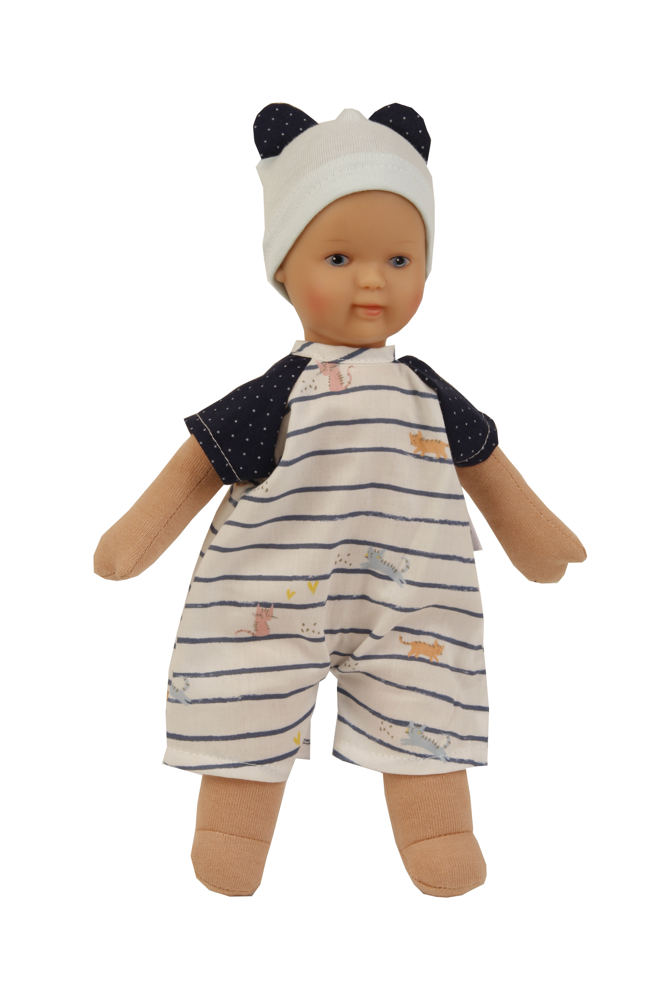 Puppe Schmuserle  30 cm Malhaar, blaue Malaugen, Kleidung blau/weiss