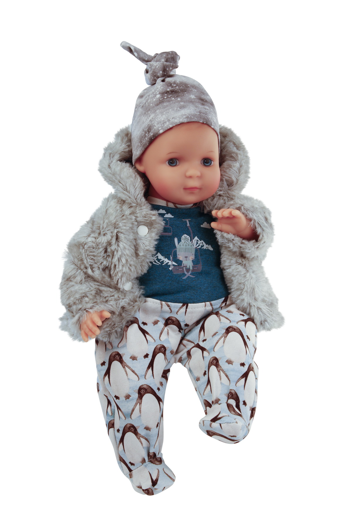Puppe Schlenkerle 37 cm mit Malhaar und blauen Malaugen, Pinguin-Look