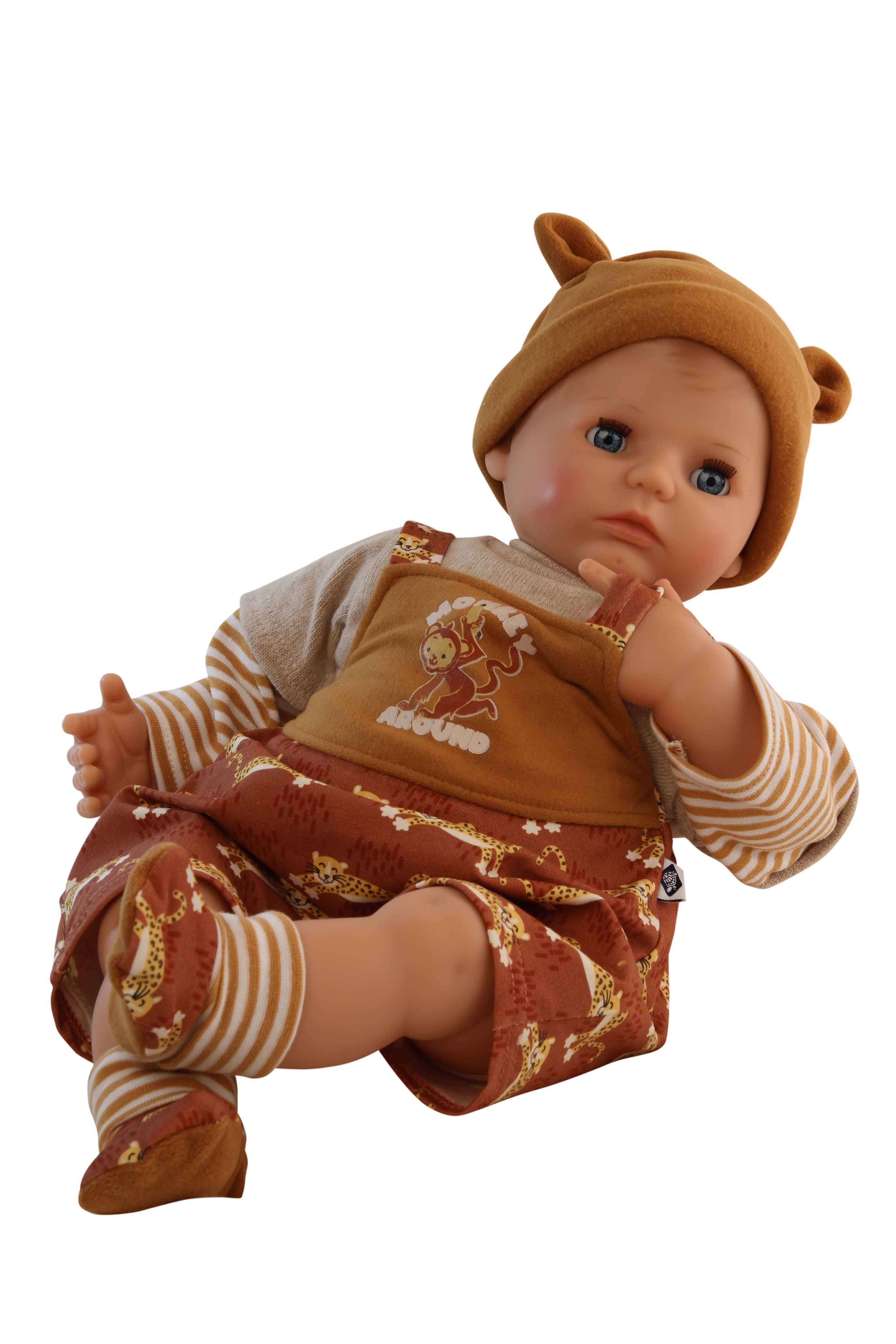 Puppe Peterle  52 cm mit Malhaar, blauen Schlafaugen, Kleidung Safari