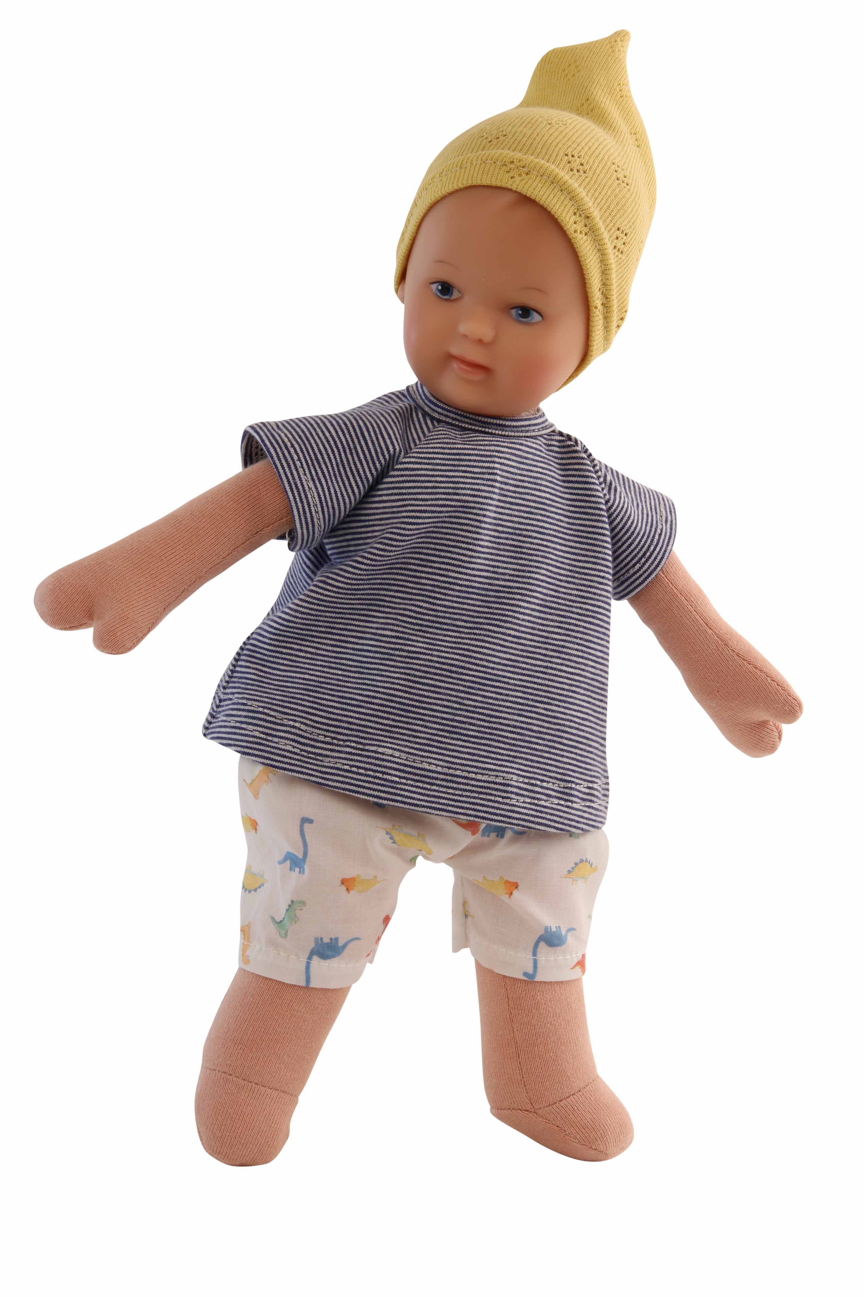 Puppe Schmuserle  30 cm Malhaar, blaue Malaugen, Kleidung blau/weiss/gelb