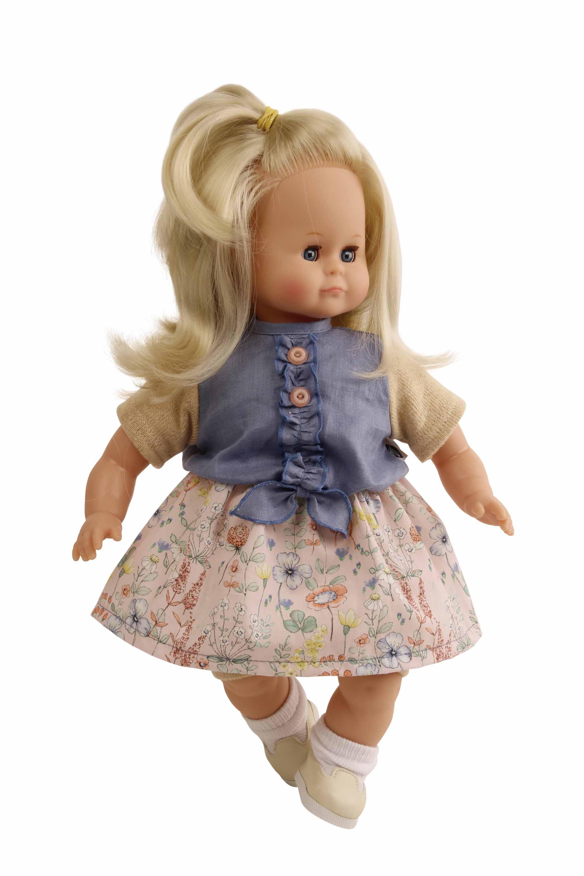 Puppe Schlummerle  37 cm blonde Haare, blaue Schlafaugen,  Blumenkleidung rose/bleu